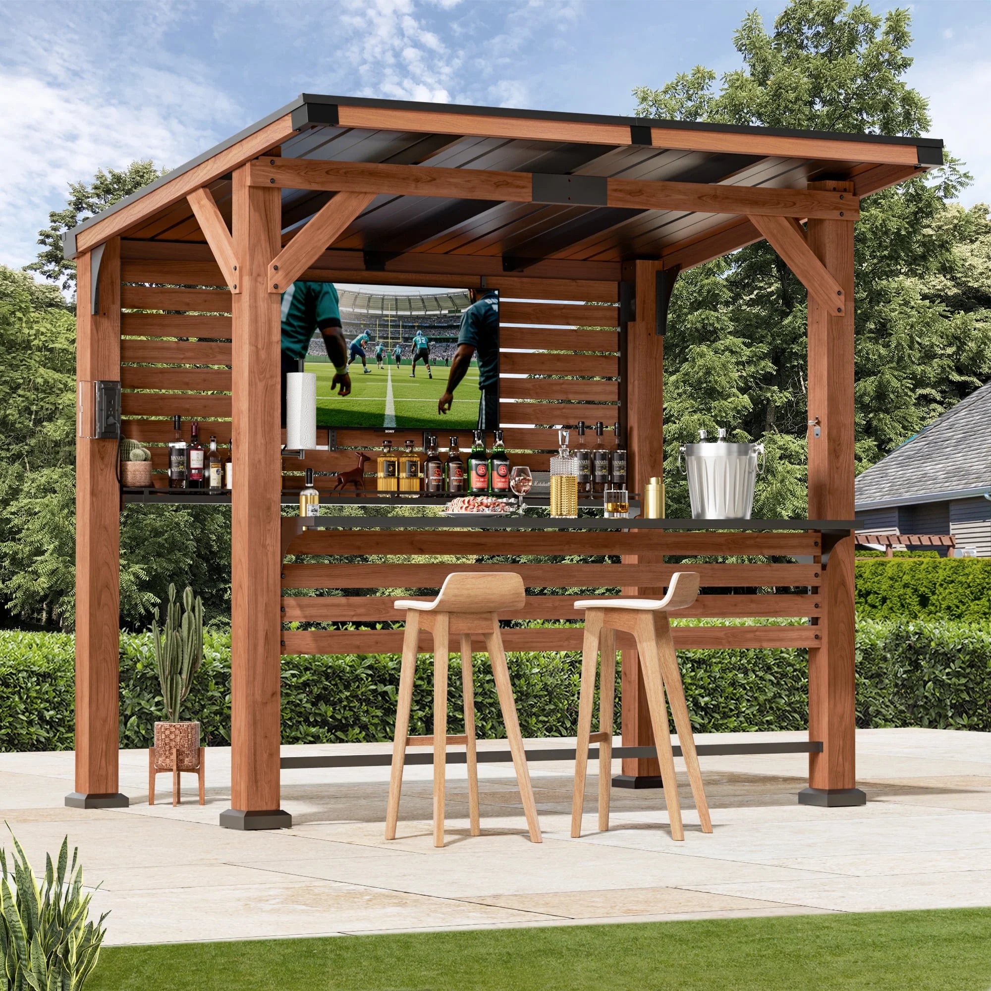 Modern Shade The Aura Cedar Wood Entertainment Bar Center, Wood Gazebo Grill Pavilion with Shelves & Paper Towel Holder, Grill Gazebo with Hardtop Steel Roof,TV Mount, Power Strip for Patio, Garden