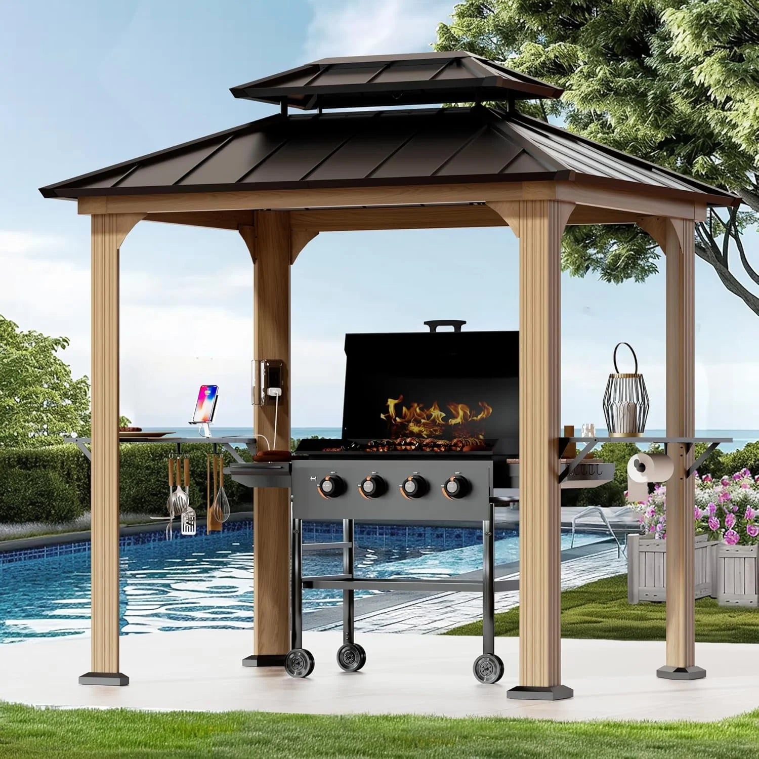 Modern Shade Grill Gazebo 6' X 8', Permanent Aluminum BBQ Gazebos with Shelves and Paper Towel Holder, Grill Canopy with Galvanized Steel Roof, Grill Gazebo with Charging Ports, Wood-Looking