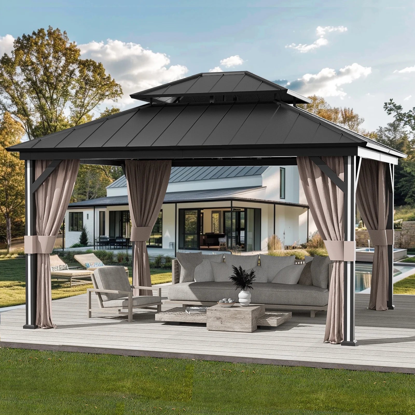 Modern Shade Hardtop Gazebo 12' x 14', Gazebo with 4 LED Lights, Outdoor Gazebo with Double Roof,Patio Gazebo with USB & USB-C Charging Port Deck, Mosquito Netting and Curtains, Black