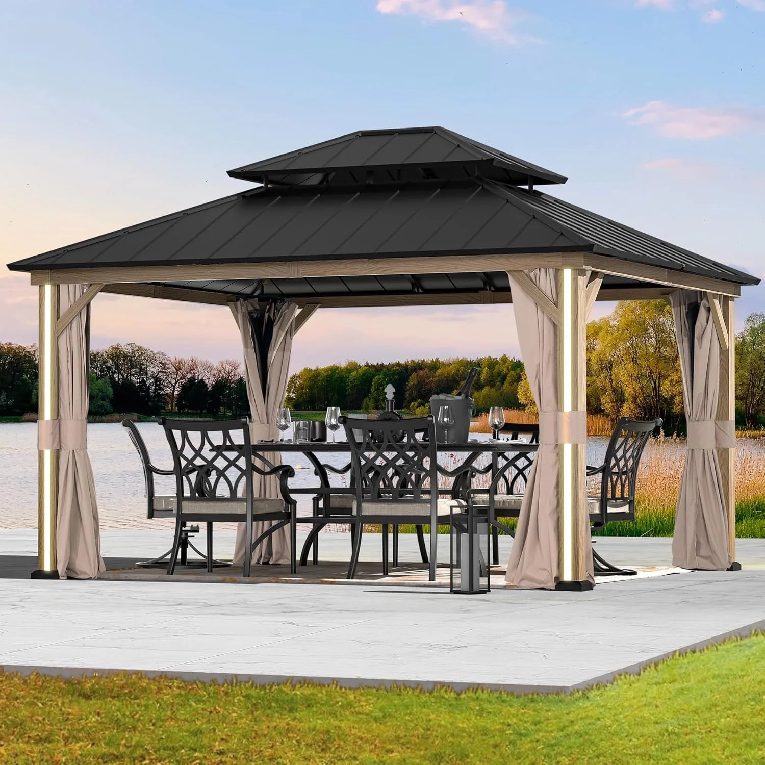 Modern Shade Hardtop Gazebo 12' x 14', Patio Gazebo with 4 LED Lights, Outdoor Gazebo with Double Roof, Patio Gazebo with USB & USB-C Charging Port Deck, Mosquito Netting and Curtains, Wood-Looking