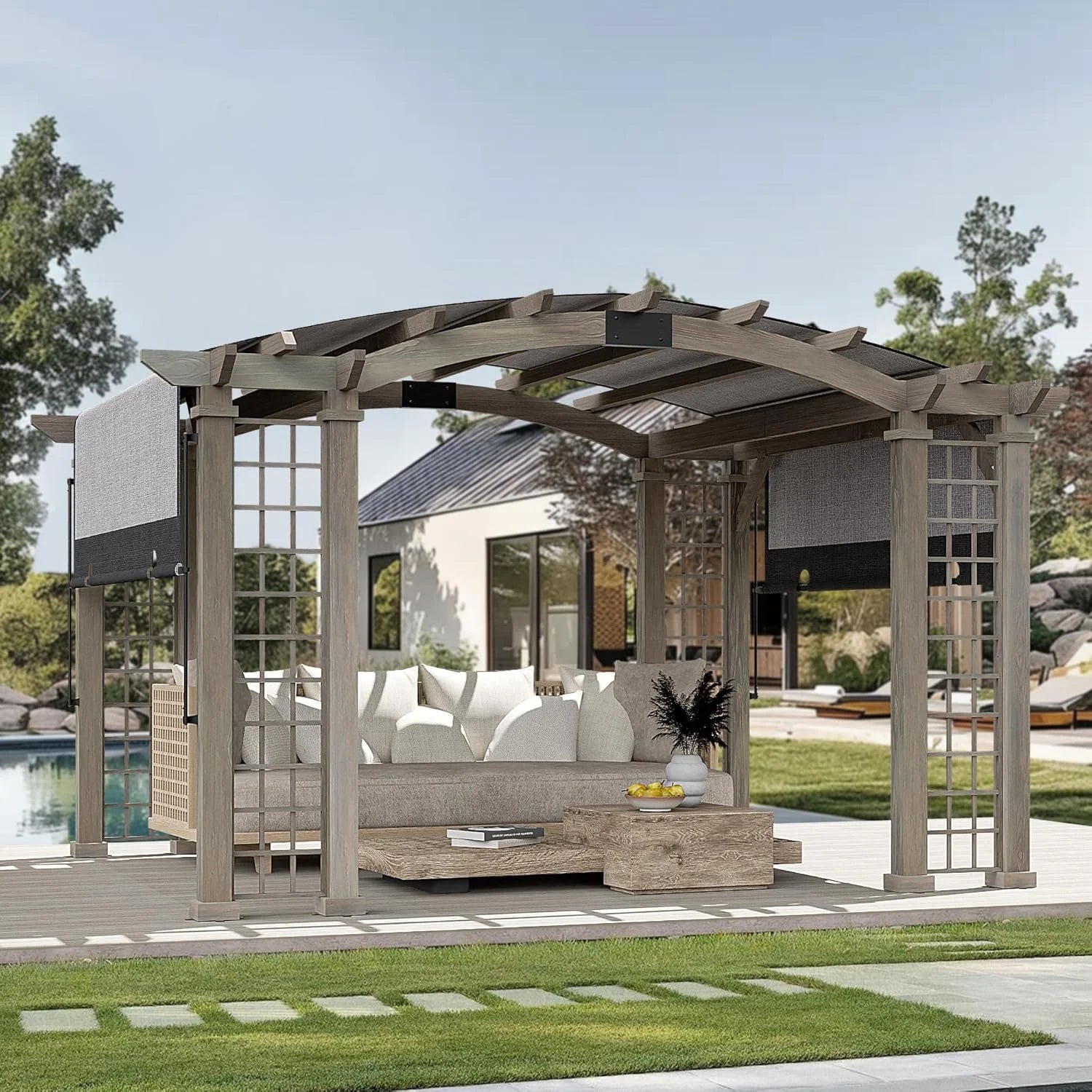 Modern Shade Outdoor Pergola 12' x 14', Patio Pergola with Arched Roof Design, All Aluminum Gazebo with Durable Canvas for patio, Backyard, Deck, Lawn, Wood-Looking