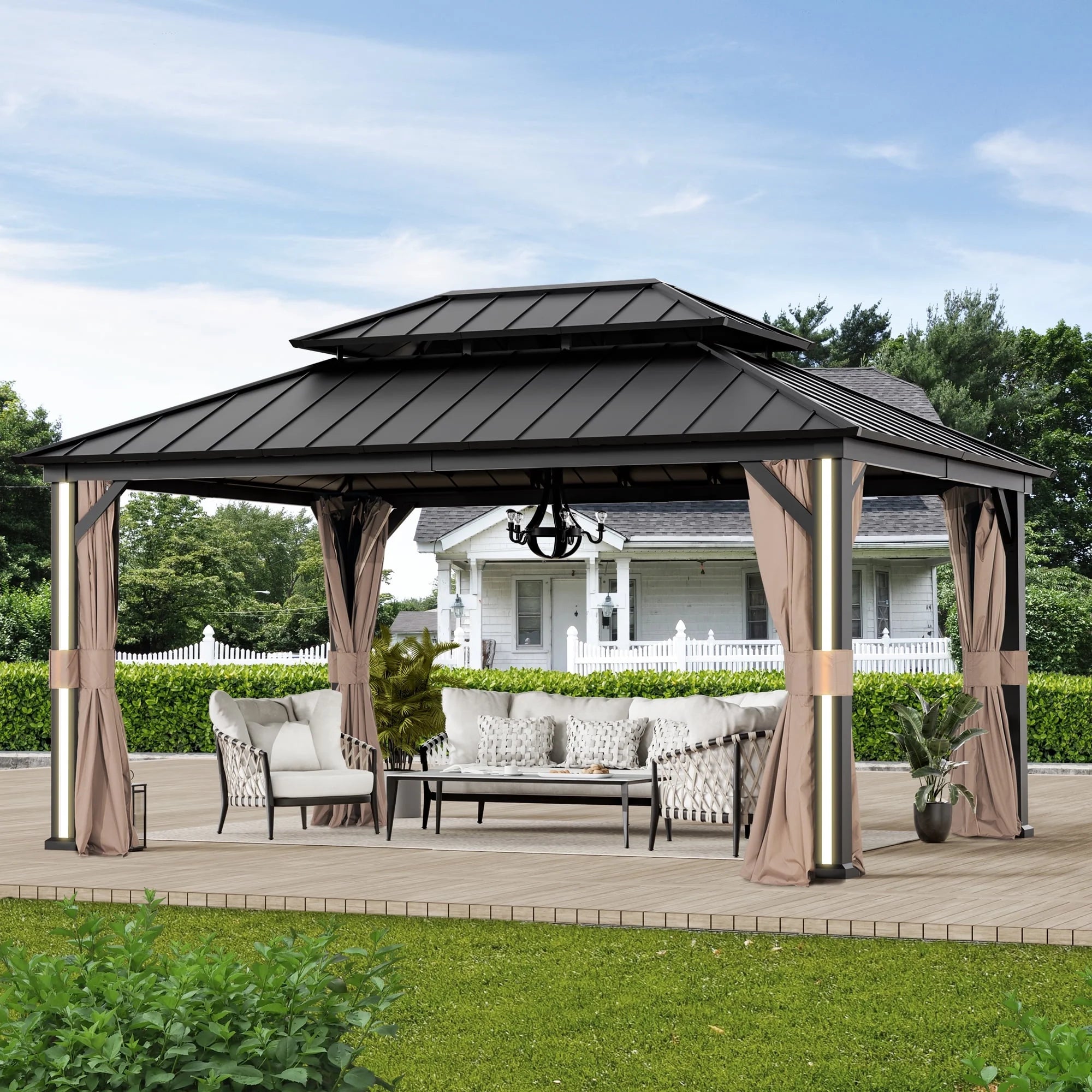 Modern Shade Permanent Hardtop Gazebo 12' x 16' with 4 LED Lights, Outdoor Gazebo with Double Roof, Aluminum Frame, Patio Gazebo with USB Charging Port Deck, Mosquito Netting and Curtains, Black