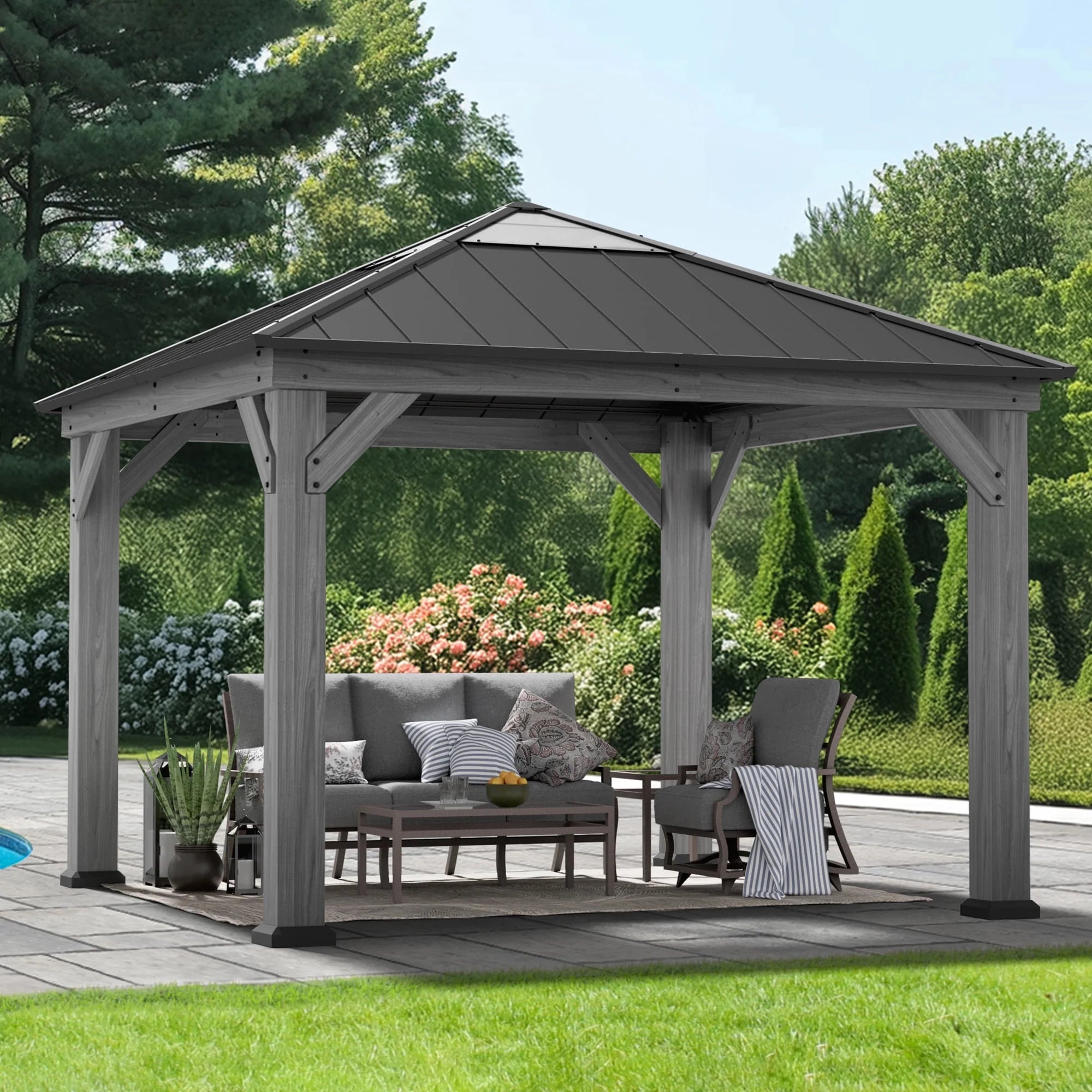 Modern Shade Wood Gazebo 11' x 11', Hardtop Gazebo with Galvanized Steel and Polycarbonate Hip Roof Hardtop, Cedar Framed Wooden Gazebo for Garden, Backyard, Patio and Deck