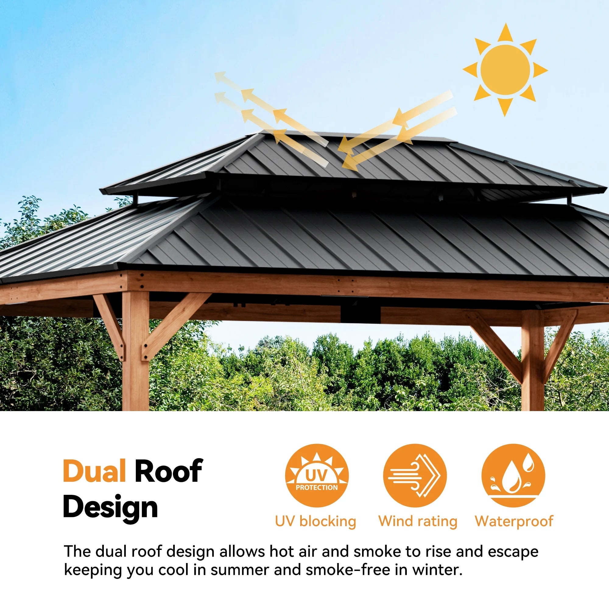 Modern Shade 12x16 Wood Gazebo,Cedar Framed Wooden Hard-Top Gazebo,Double Galvanized Steel Roof,with Mosquito Net