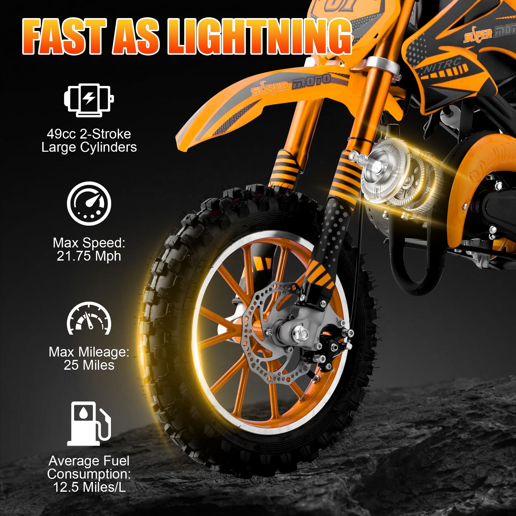Ktoebyco 49cc Mini Dirt Bike for Kids, 2-Stroke off Road Gasoline Motorcycle,1.5L Fuel Capacity,Orange