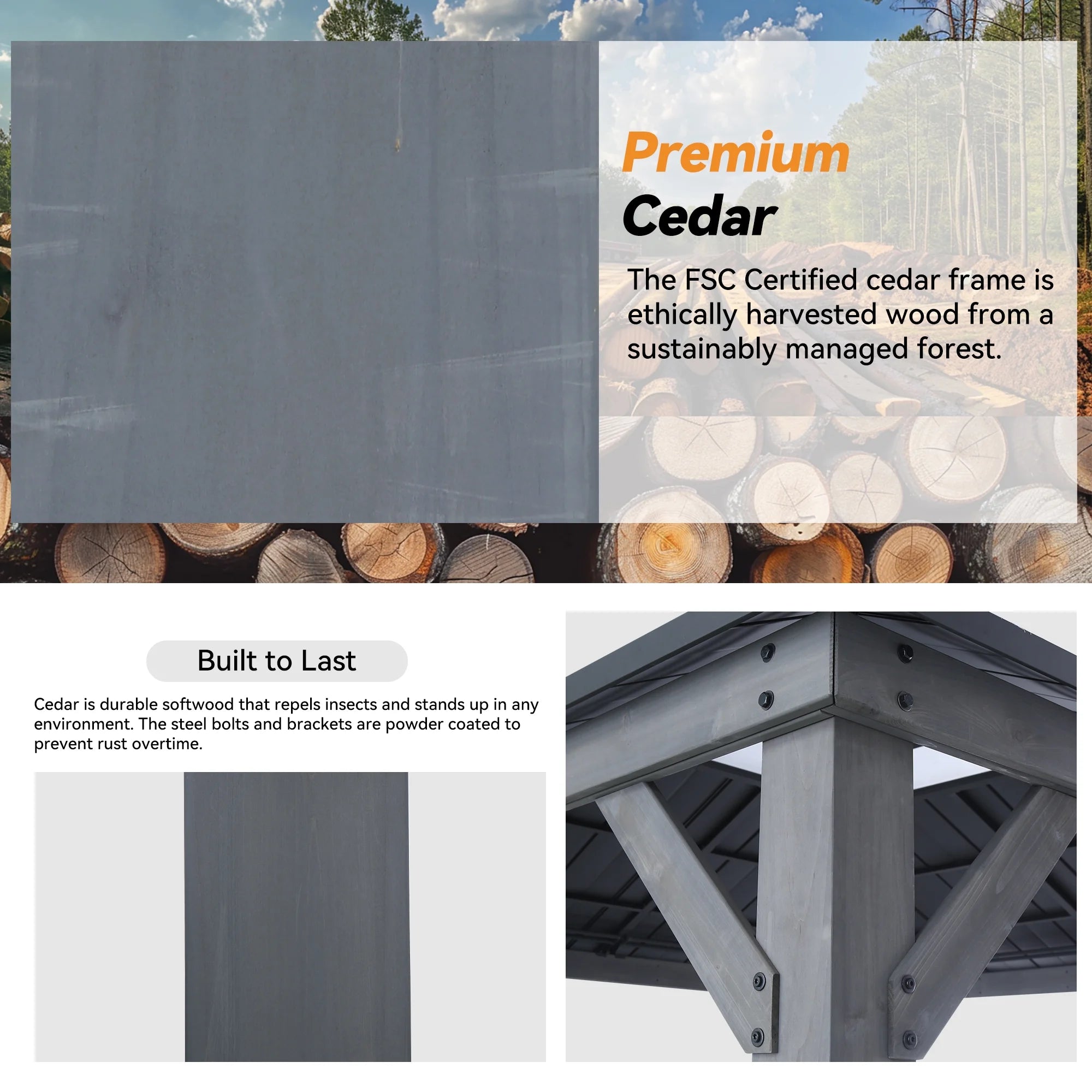 Modern Shade Wood Gazebo 11' x 11', Hardtop Gazebo with Galvanized Steel and Polycarbonate Hip Roof Hardtop, Cedar Framed Wooden Gazebo for Garden, Backyard, Patio and Deck