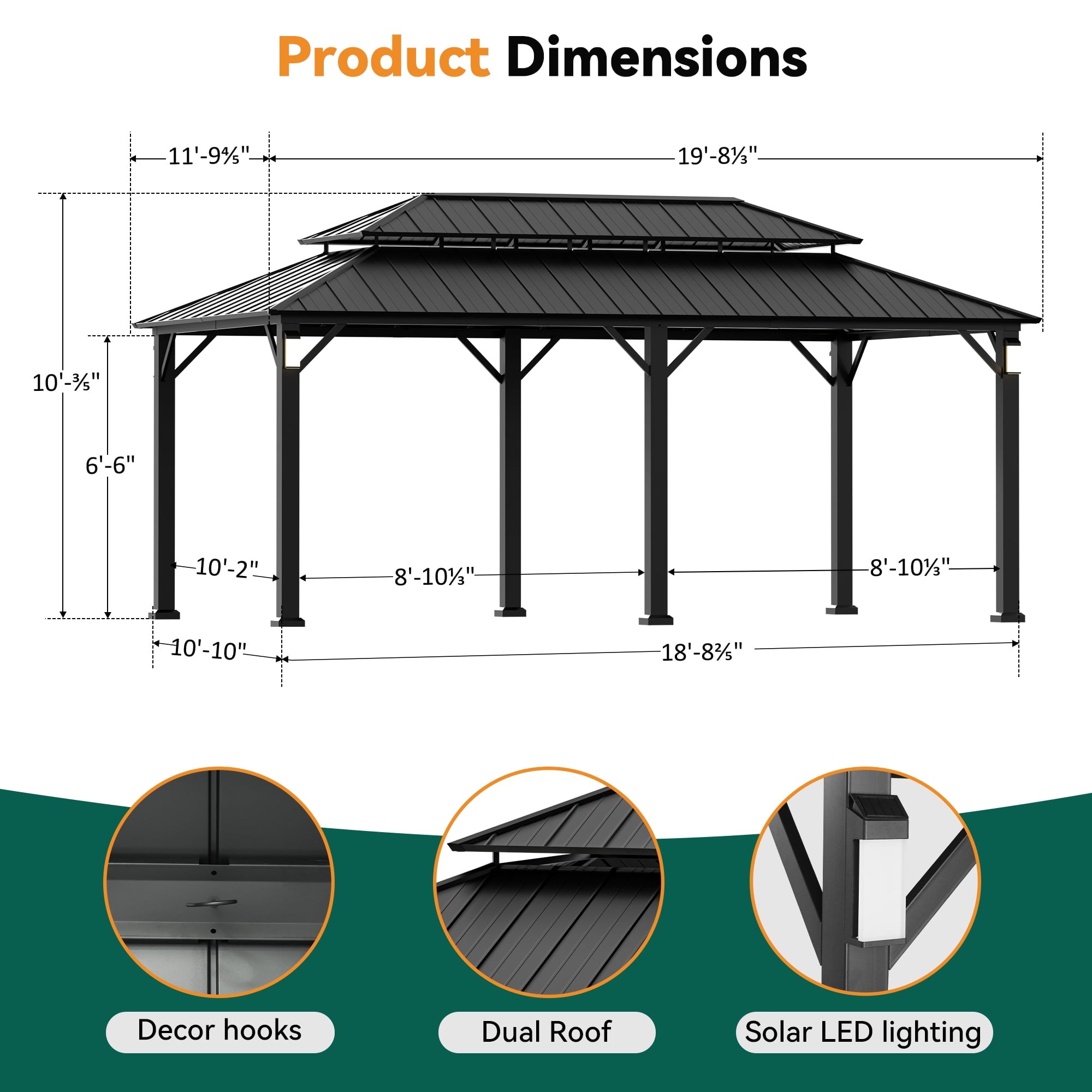 Modren Shape The Horizon 12'x20' Hard Top Gazebo W/ Solar LED light