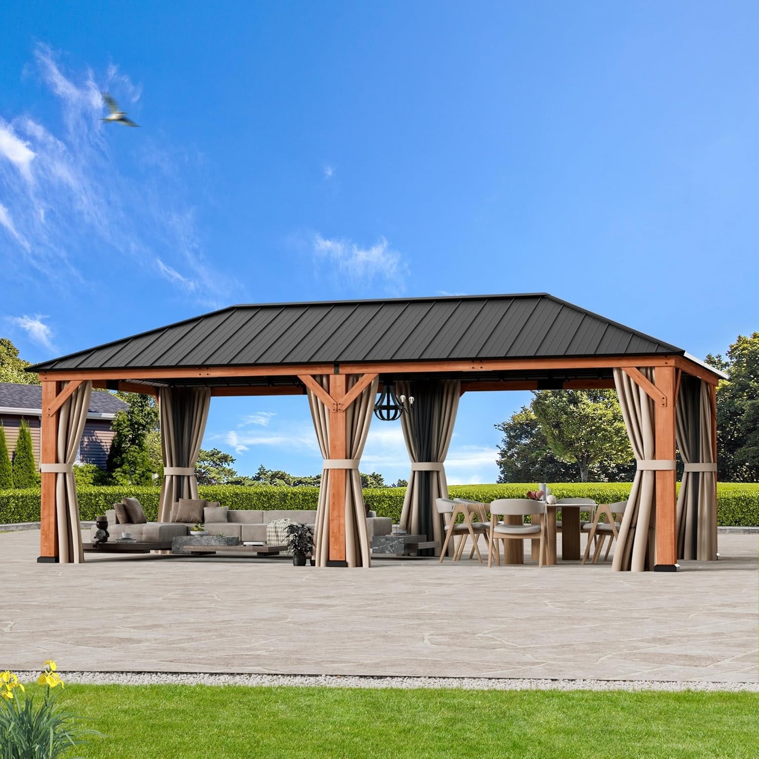 Modern Shade 12x24 Wood Hardtop Gazebo with Steel Roof,Curtains&Netting,Outdoor Grill Pavilion