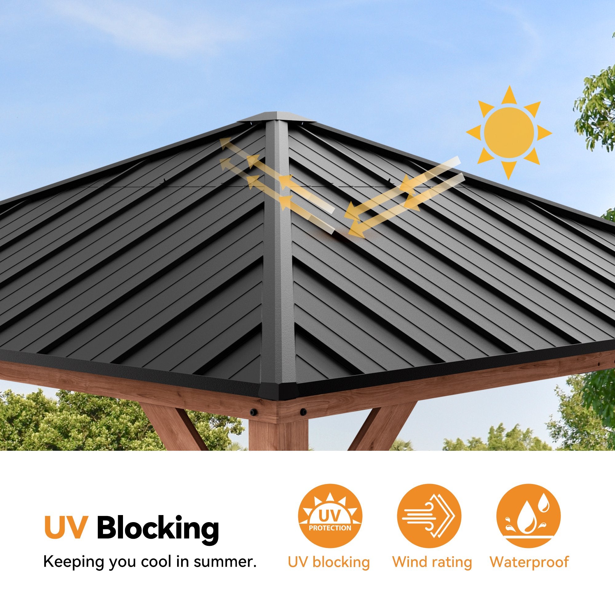 Modern Shade 10x10 Wood Gazebo,Permanent Hardtop Gazebo with Mosquito Net,with Galvanized Steel Roof Hardtop