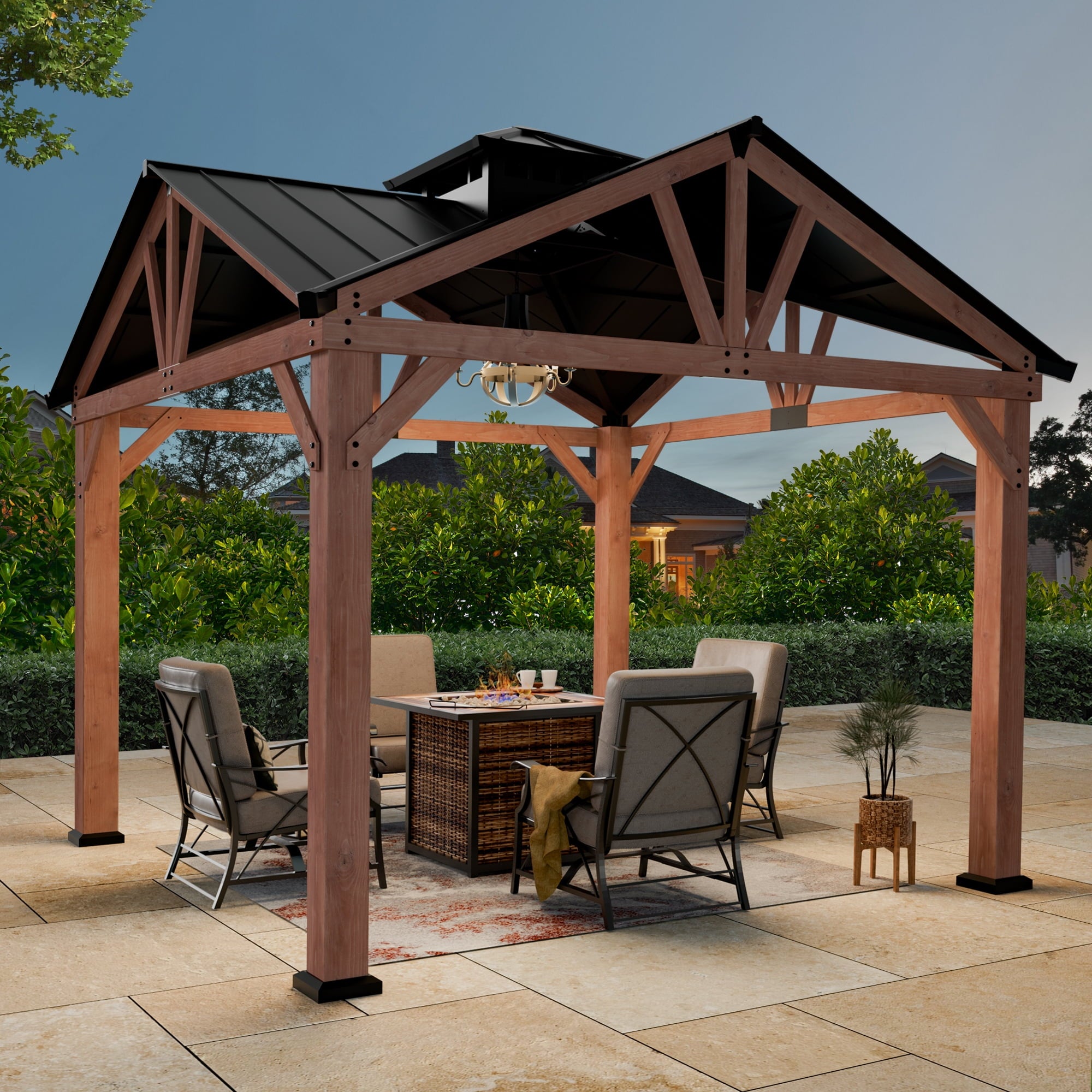 FONA 12'x12'Cedar Wood Gazebo,Heavy Duty Steel Roof,Water&Wind Resistant,Permanent Outdoor Pavilion