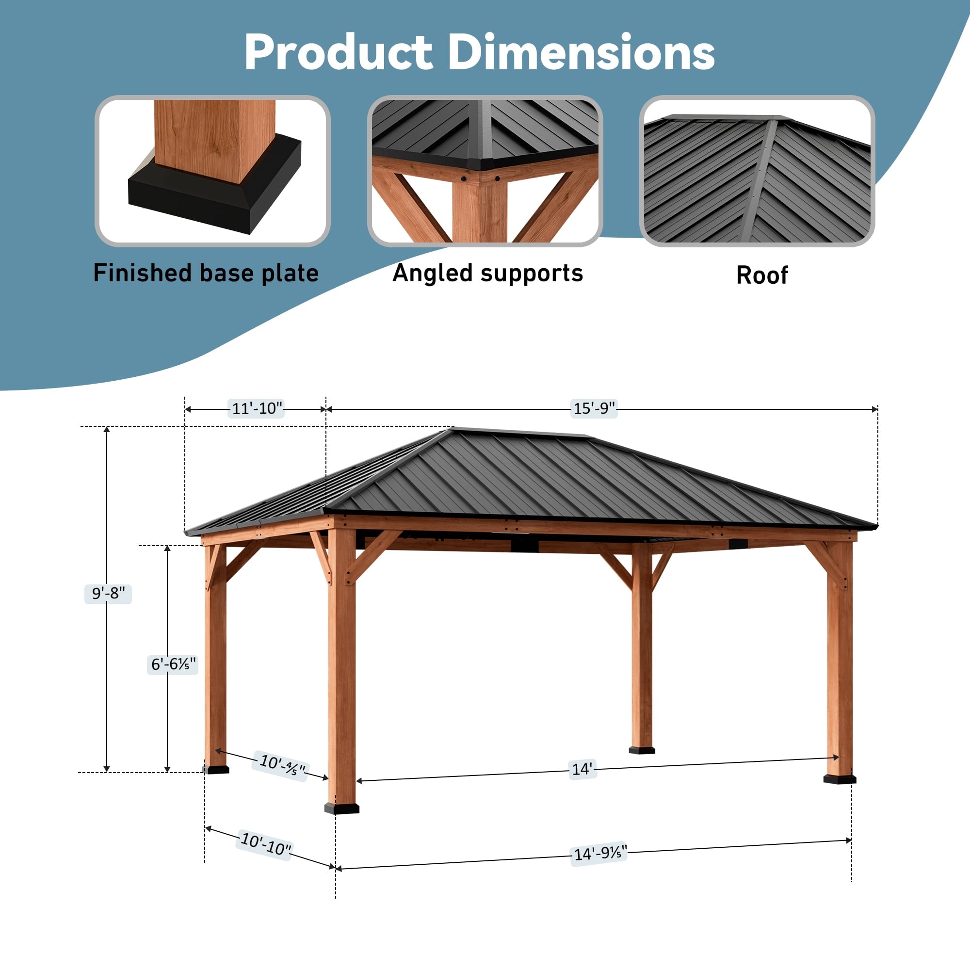 FONA 12'x16' Wood Gazebo,Permanent Hardtop Gazebo with Mosquito Net,with Galvanized Steel Roof Hardtop
