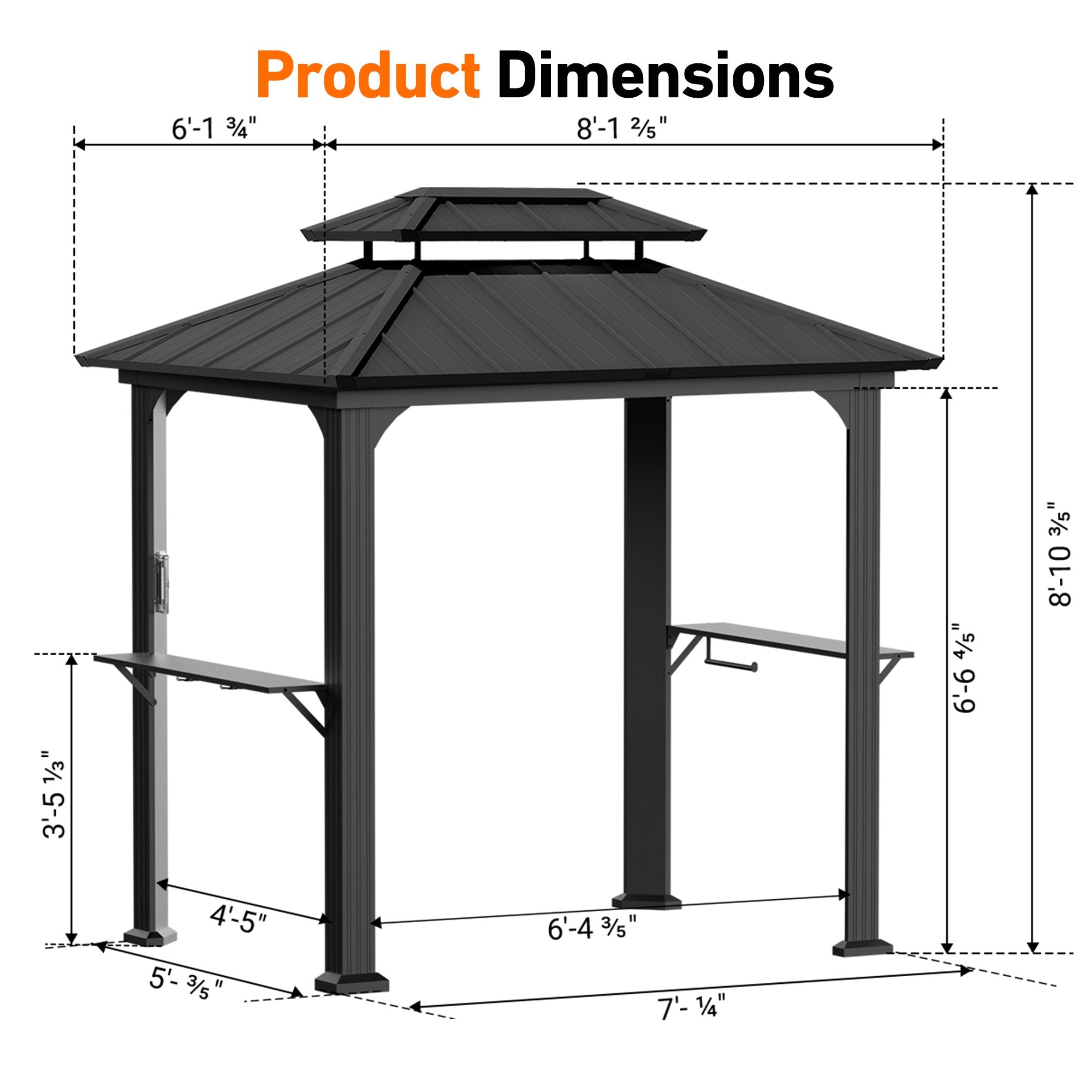 FONA 6'x8'Aluminum Grill Gazebo with Shelves,Hardtop Steel Roof,Outdoor BBQ Canopy for Patio,Backyard