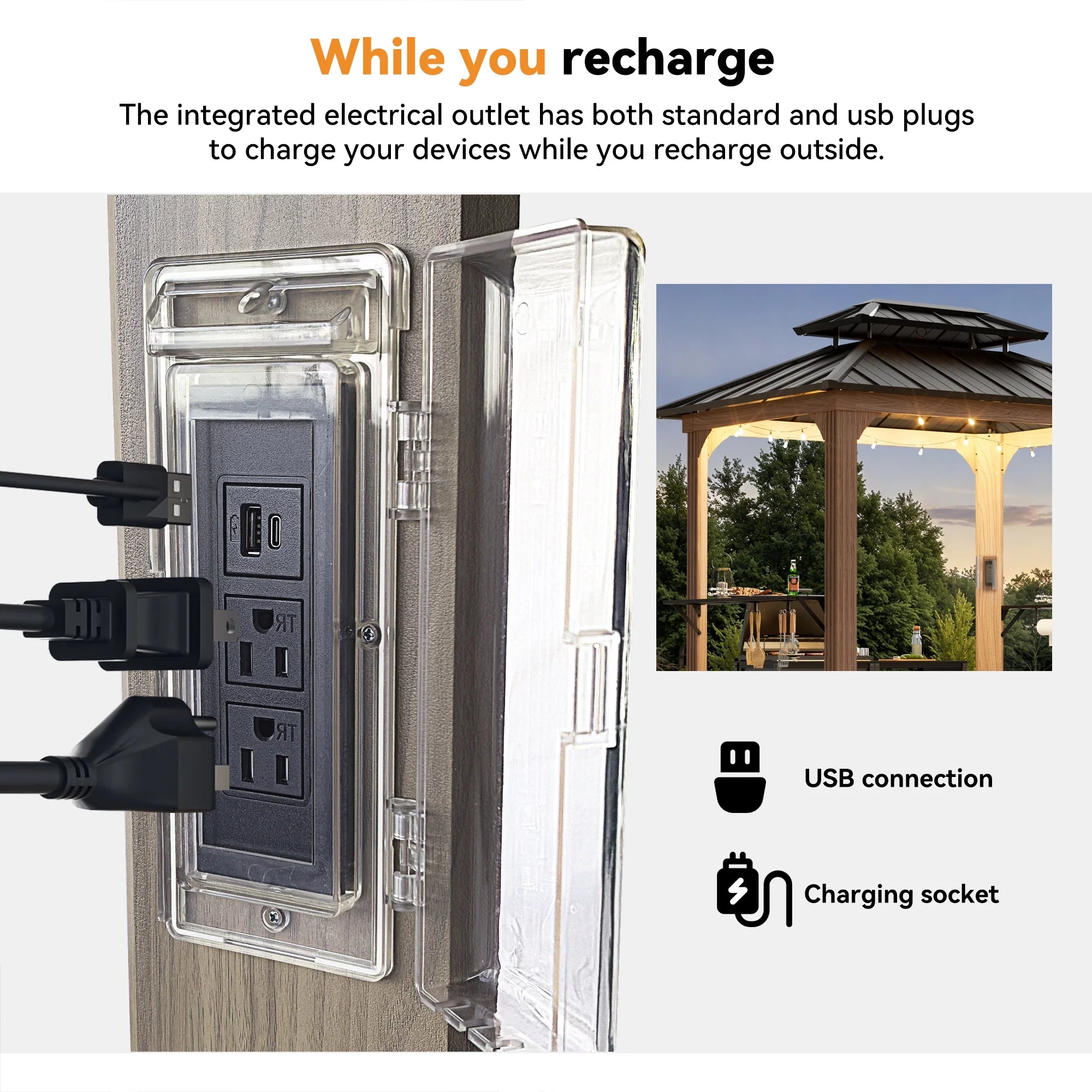 Modern Shade Grill Gazebo 6' X 8', Permanent Aluminum BBQ Gazebos with Shelves and Paper Towel Holder, Grill Canopy with Galvanized Steel Roof, Grill Gazebo with Charging Ports, Wood-Looking