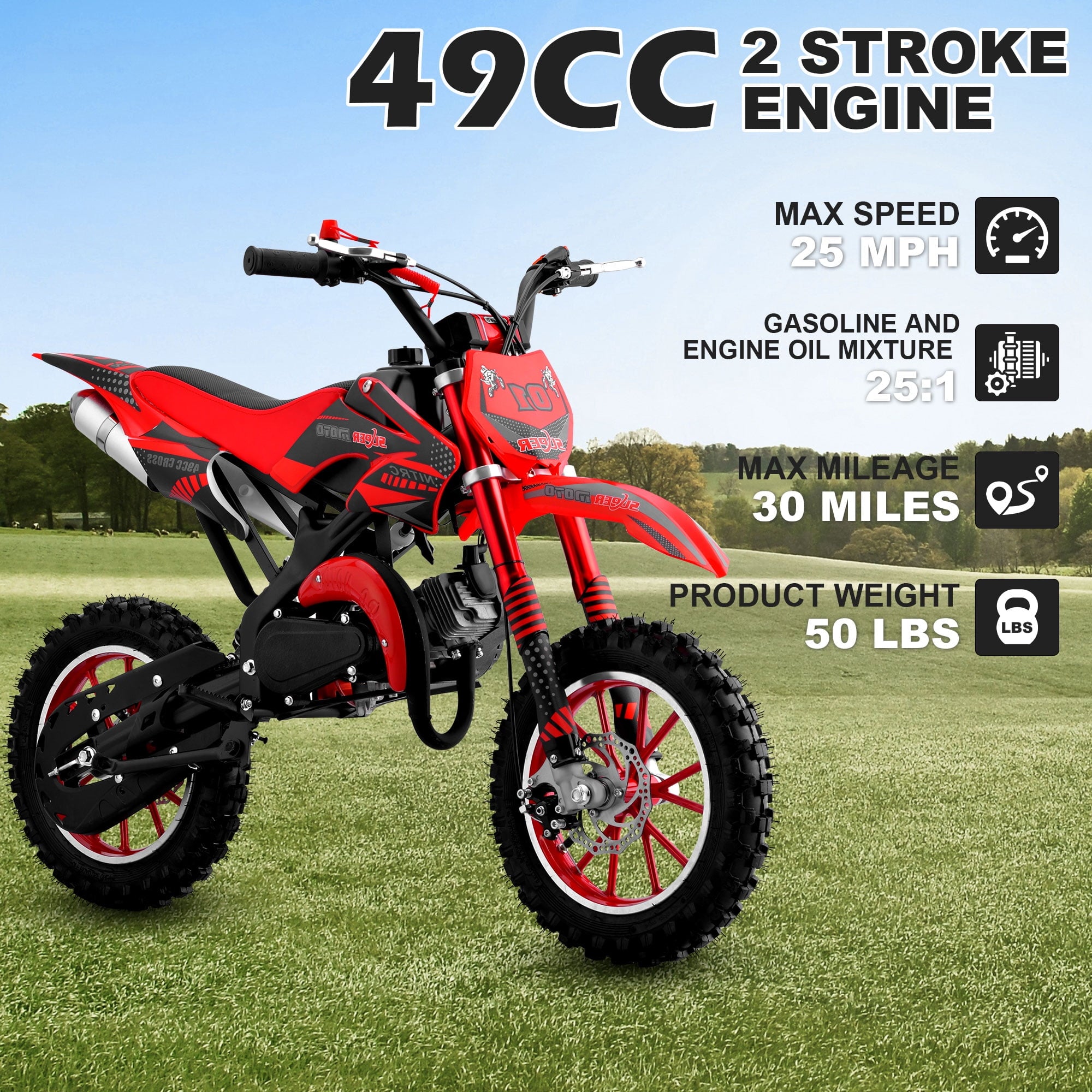 Gpower 49cc Dirt Bike for Kids 6-15,2-Stroke Gas Powered Mini Dirt Bike,1.5L Fuel Capacity,1-Seater,Red