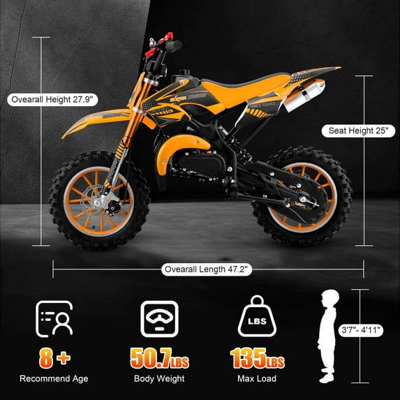 Gpower Gasoline 49cc Dirt Bike for Kids 6-15,2-Stroke Gas Power Mini Dirt Bike,Orange