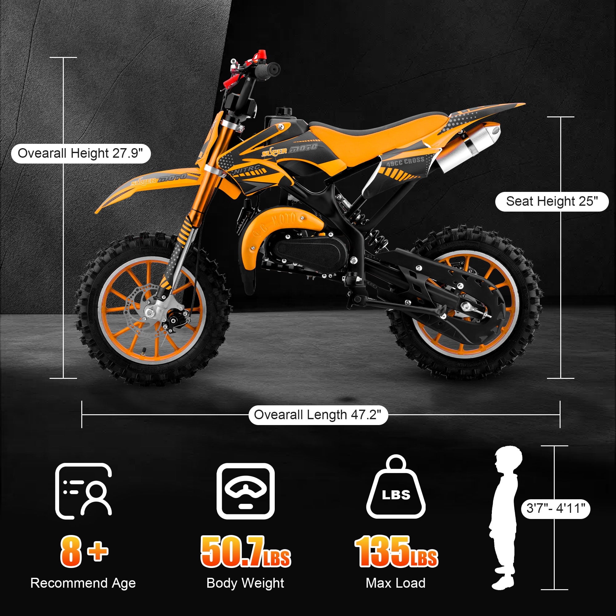 Ktoebyco 49cc Mini Dirt Bike for Kids, 2-Stroke off Road Gasoline Motorcycle,1.5L Fuel Capacity,Orange