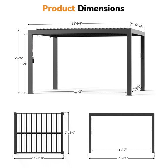 FONA 10'x12' Aluminum Louvered Pergola, Adjustable Roof, USB Charging, Black for Patio