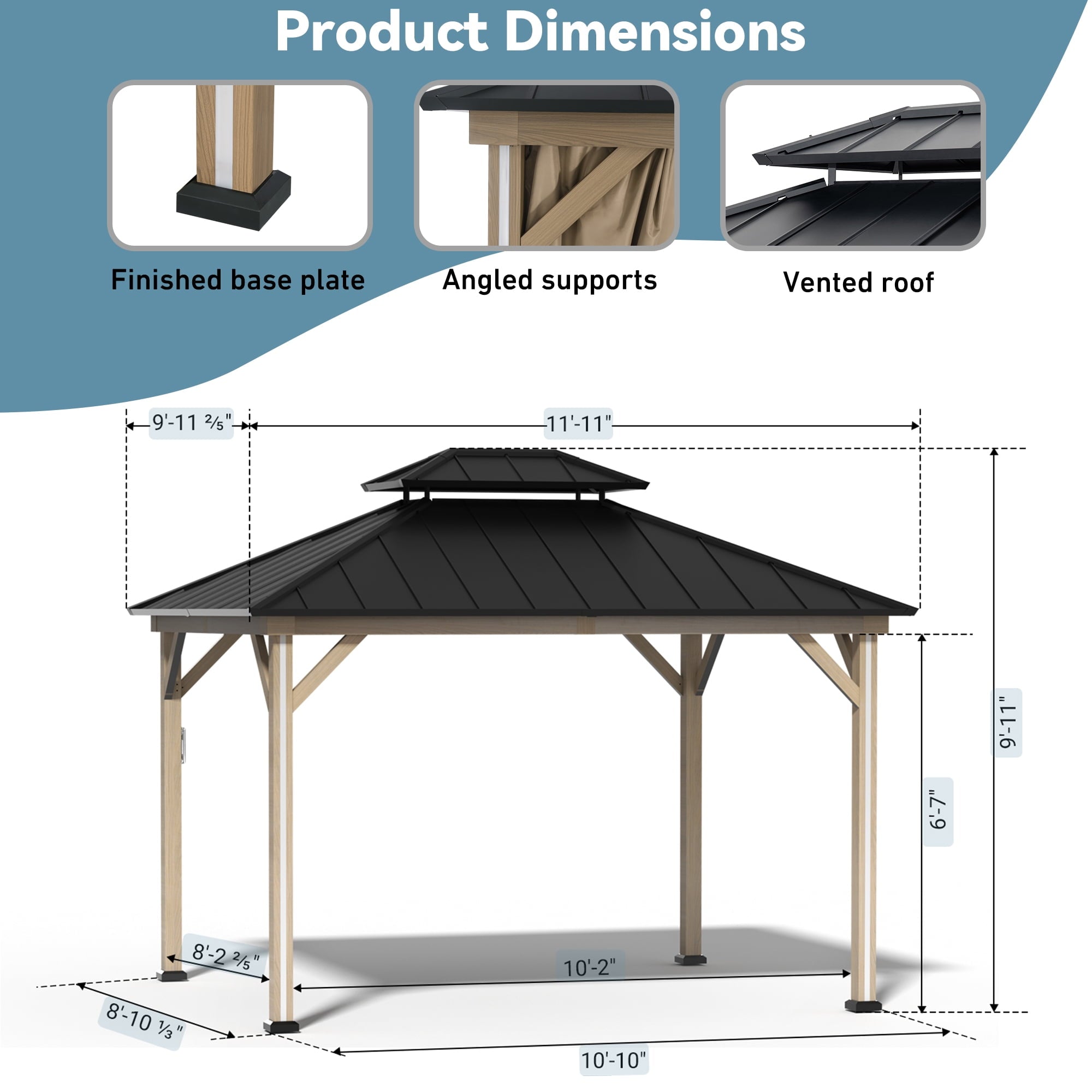 FONA 10'x12' Hardtop Gazebo with LED Lights,Double Roof,USB Port,Netting & Curtains for Patio,Brown