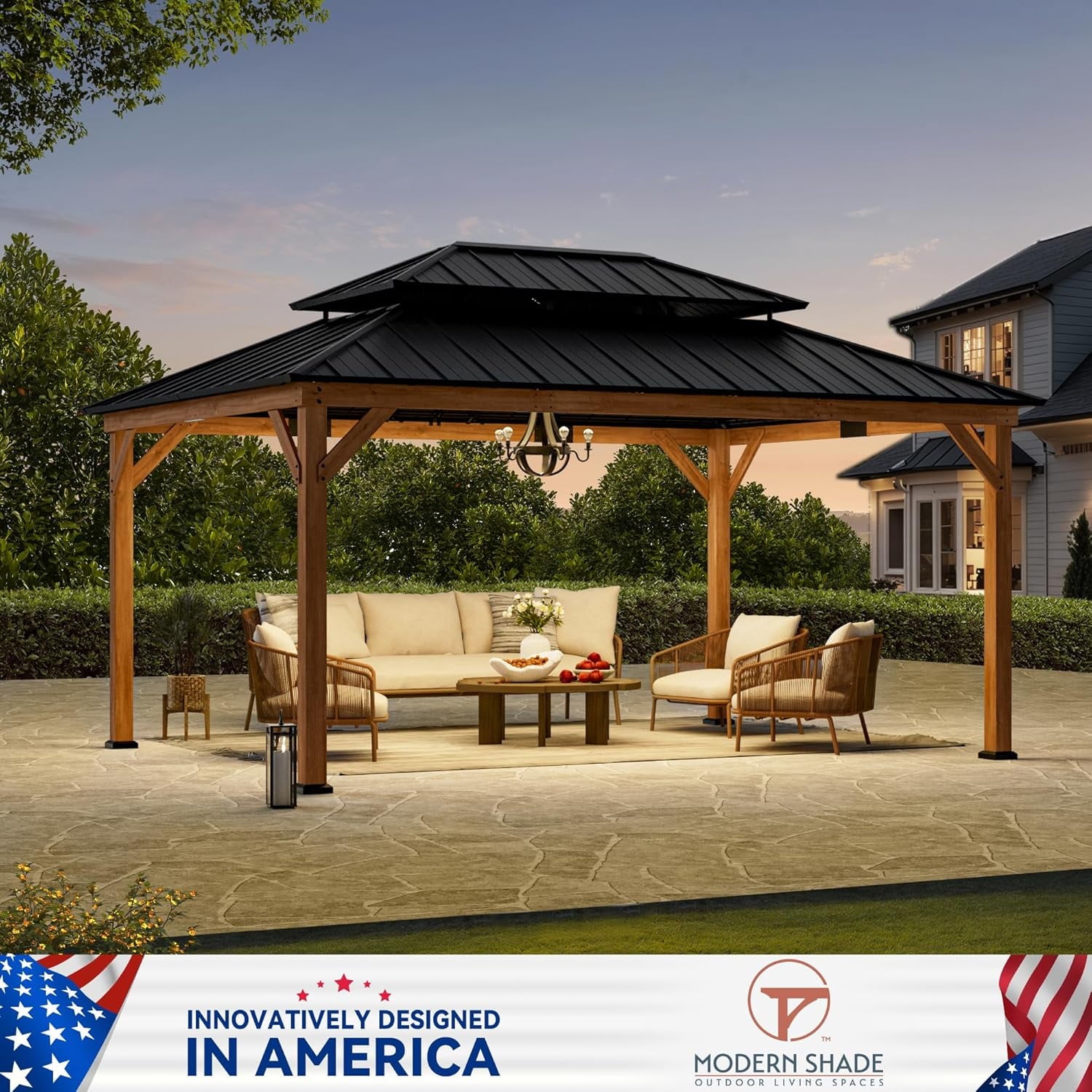 Modern Shade 12' x 16' Rosewood Wood Gazebo, Cedar Framed Wooden Gazebo with Double Galvanized Steel Roof,Permanent Hardtop Wood Grill Gazebo with Sturdy Hooks for Garden, Backyard,Patio,and Deck