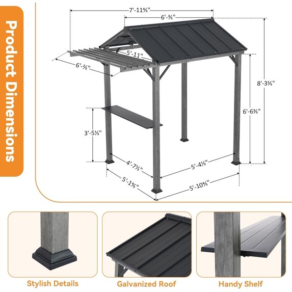 FONA Grill Gazebo 6' x 8' with Galvanized Steel Roof and Pergola Extension, BBQ Gazebo with UV Blocking & Waterproof Design, Grill Canopy with Shelves, Rust-Resistant, Transfer Gray