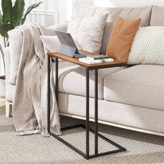 Krpimt C-Shaped End Table for Sofa & Bed Small Side Table with Metal Frame for Bedroom, Living Room, Rustic Brown