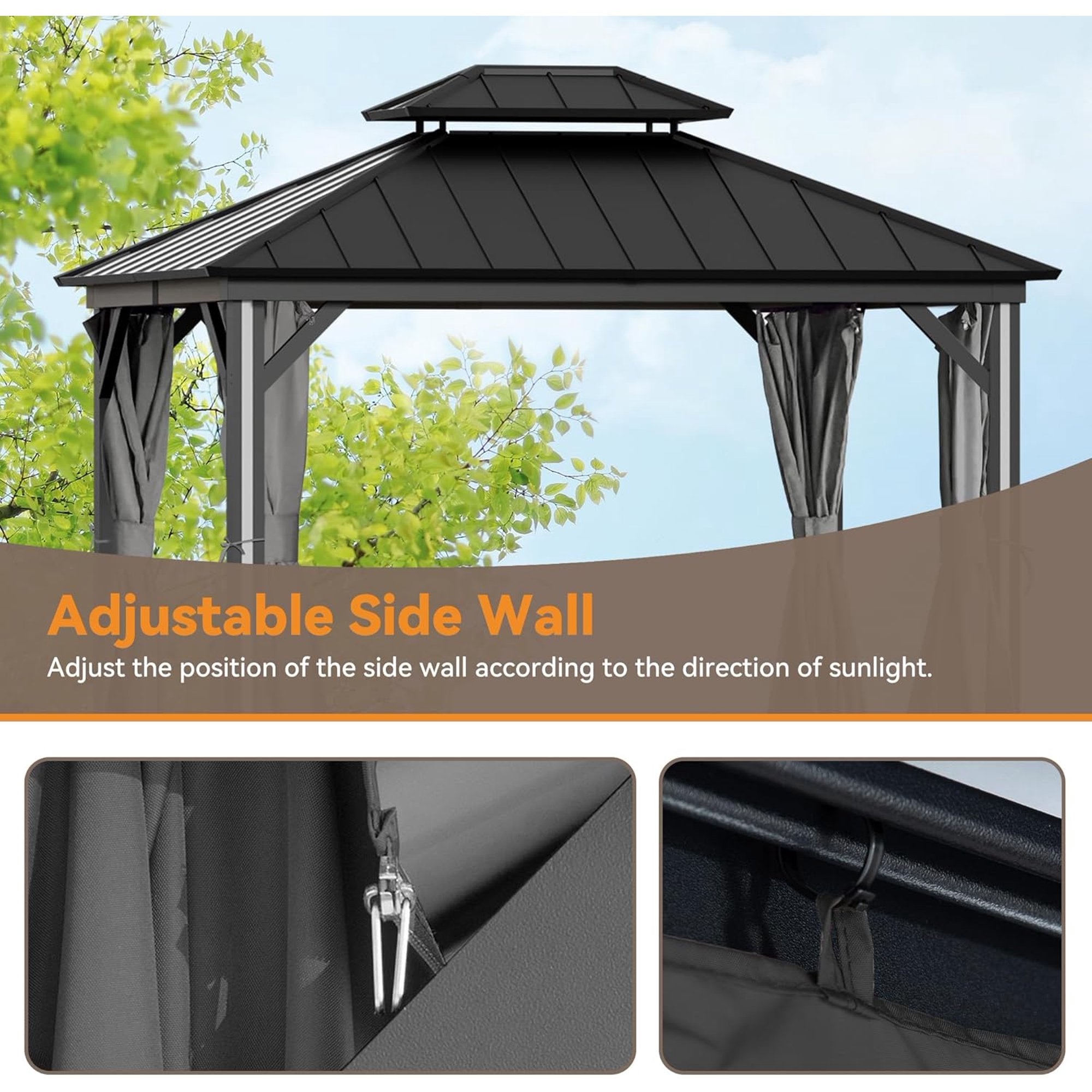 FONA Gazebo Curtain Replacement Universal 4-Panel Sidewalls 10' x 12', Outdoor Gazebo Privacy Curtains with Zipper, Replacement for Patio Canopy, Garden, Backyard, Grey