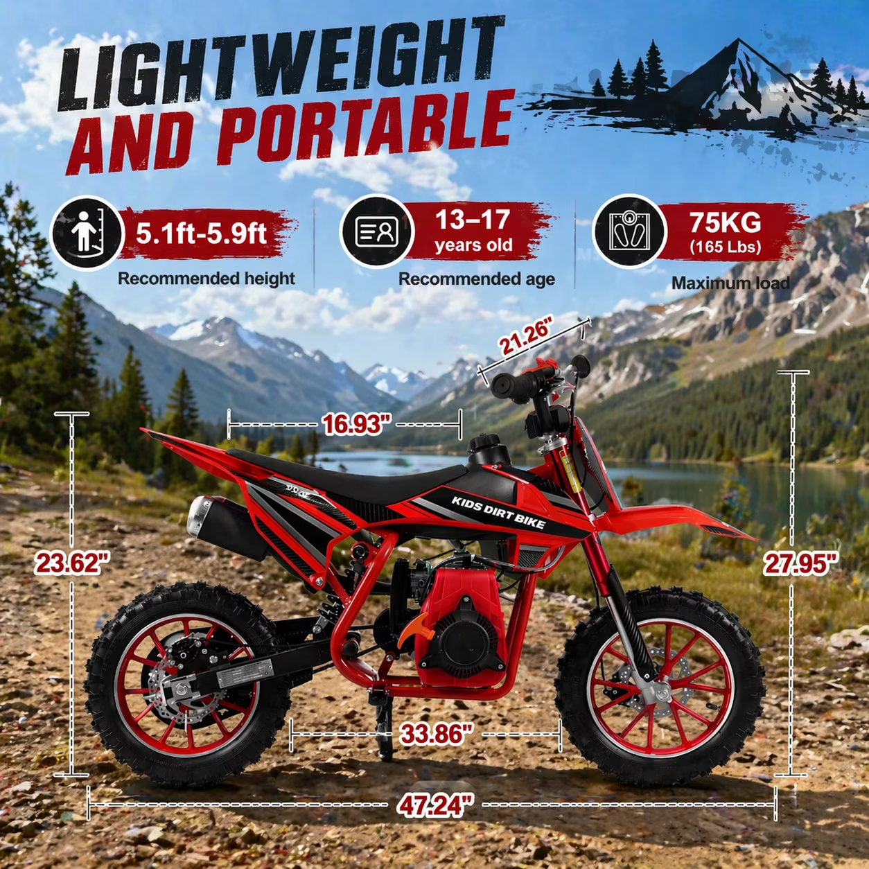4-Stroke Dirt Bike,50cc Mini Motorcycle Max Speed 25 MPH, 165 lb Capacity with Shock Absorber & Dual Disc Brakes for Kids 13-17