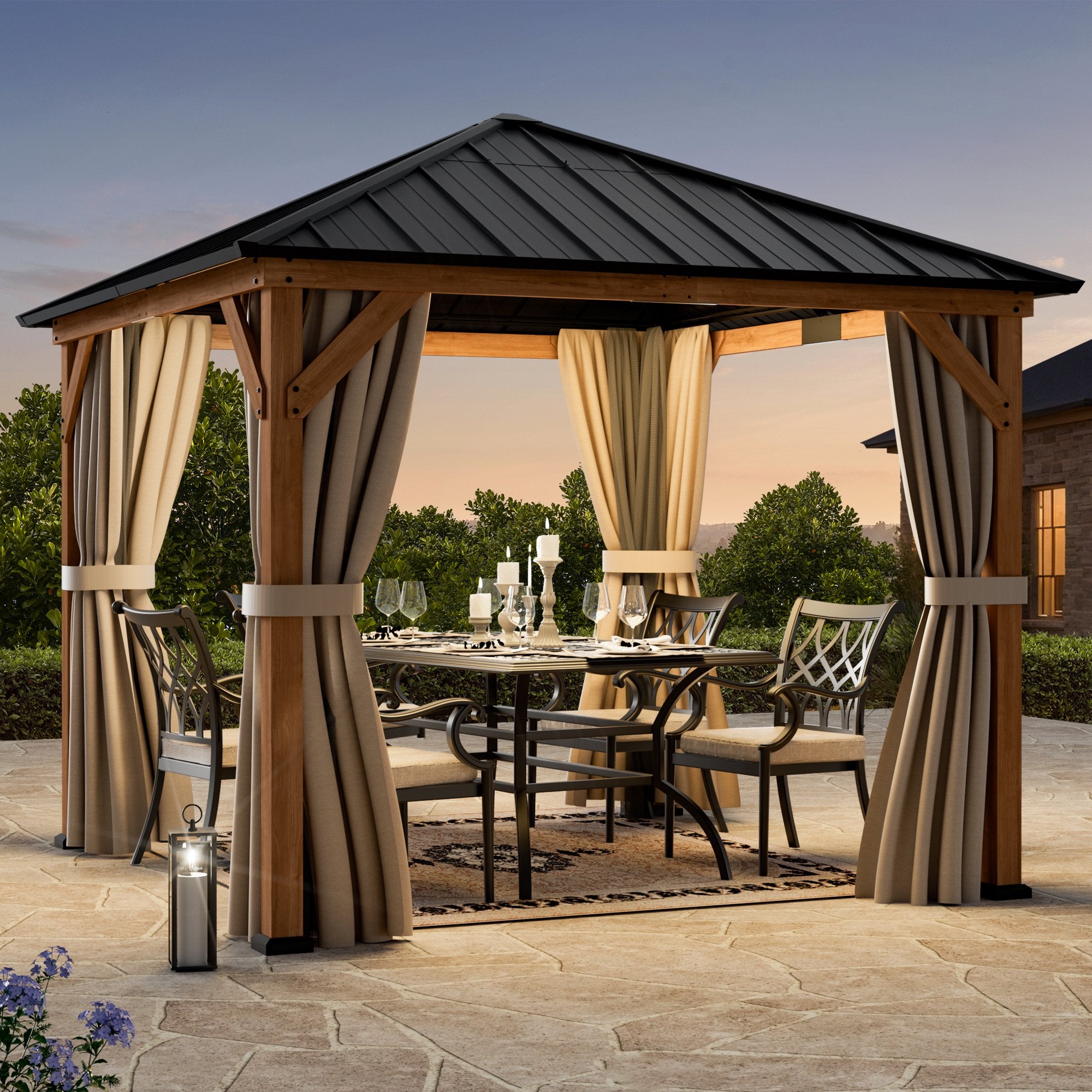 Modern Shade 10x10 Wood Gazebo,Permanent Hardtop Gazebo with Mosquito Net,with Galvanized Steel Roof Hardtop
