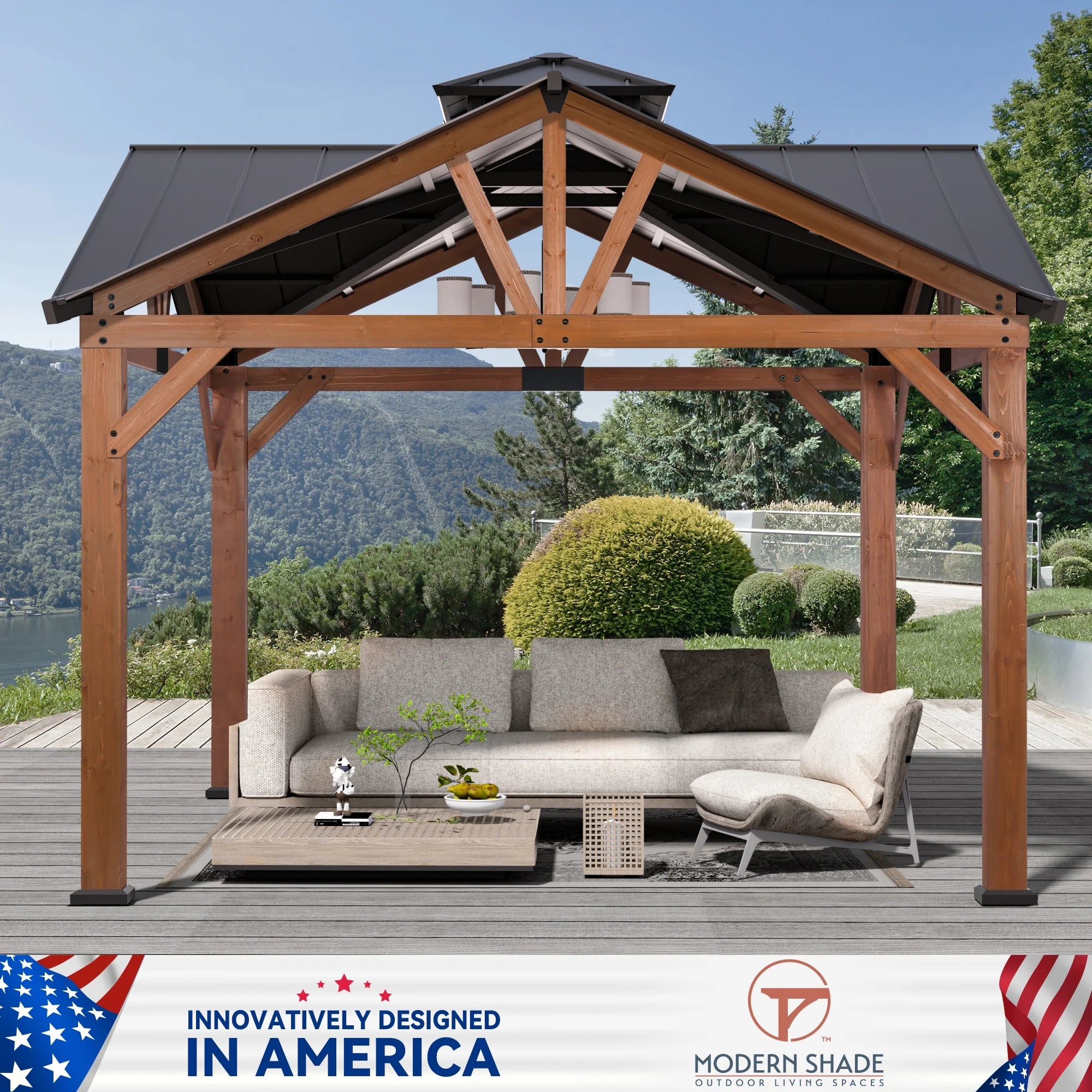 Modern Shade Wood Gazebo 12’x12’, Heavy Duty Hardtop Gazebo with Steel Roof, Water Resistant, Wind Resistant, Perfect for Your Permanent Outdoor Pavilion, Solid Wood Framed Gazebo, Cedar Gazebo