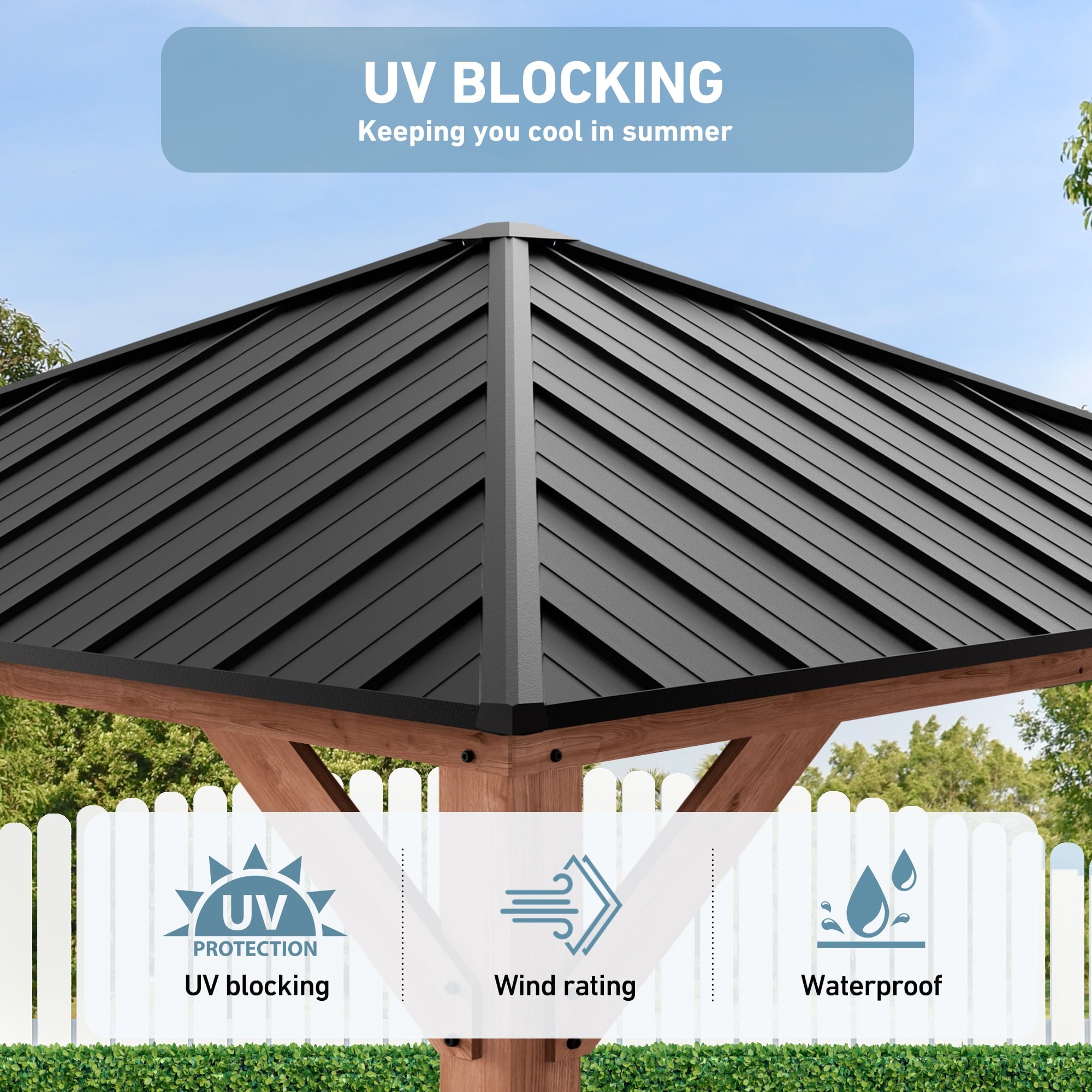 Modern Shade Tranquil Grove Wood Gazebo 10' x 10', Permanent Hardtop Gazebo with Galvanized Steel and Polycarbonate Hip Roof Hardtop, Cedar Framed Wooden Pavillion for Garden, Backyard
