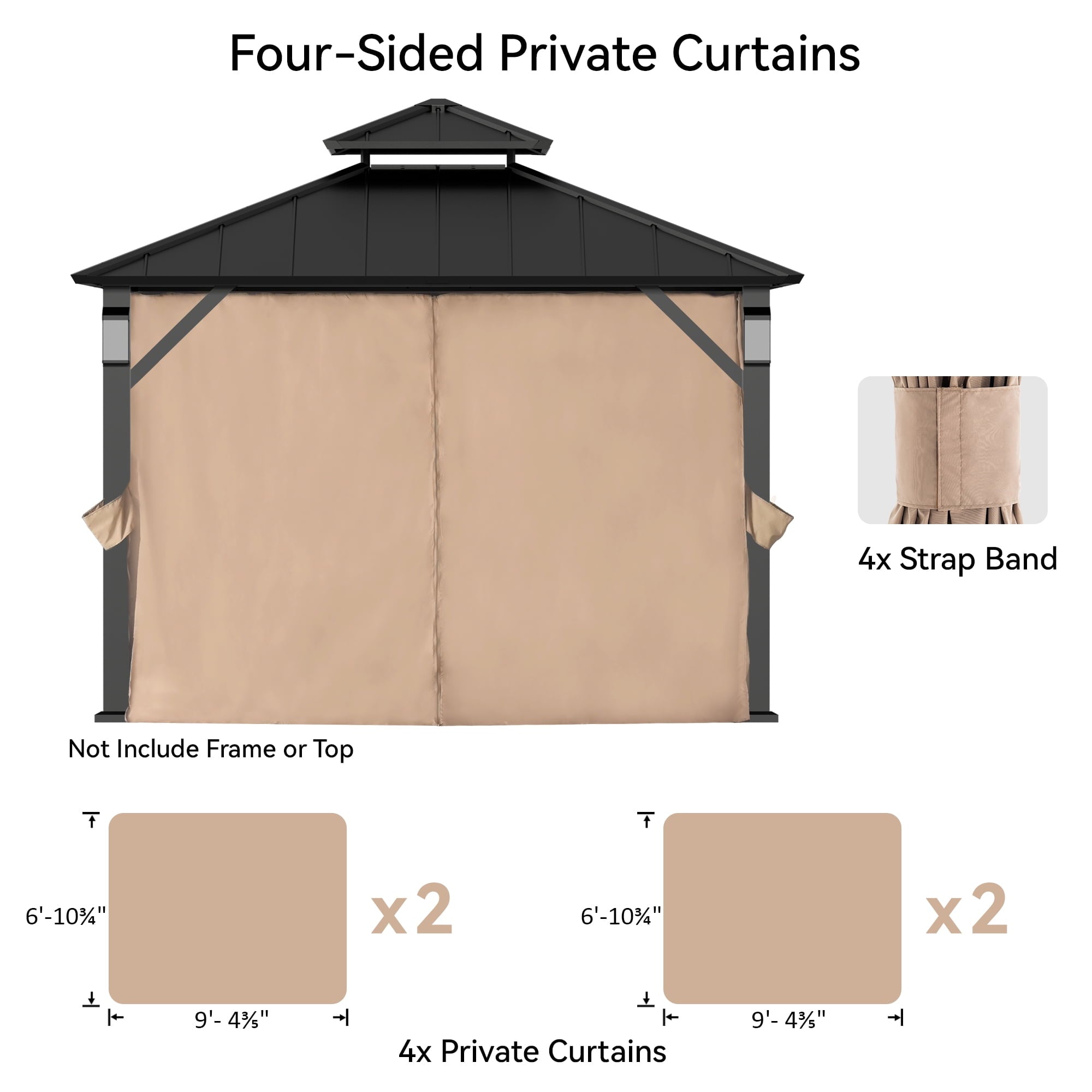 Covered Outdoor Gazebo Curtain Replacement Universal 4-Panel Sidewalls 10' x 10', Outdoor Gazebo Privacy Curtains with Zipper (Curtain Only)
