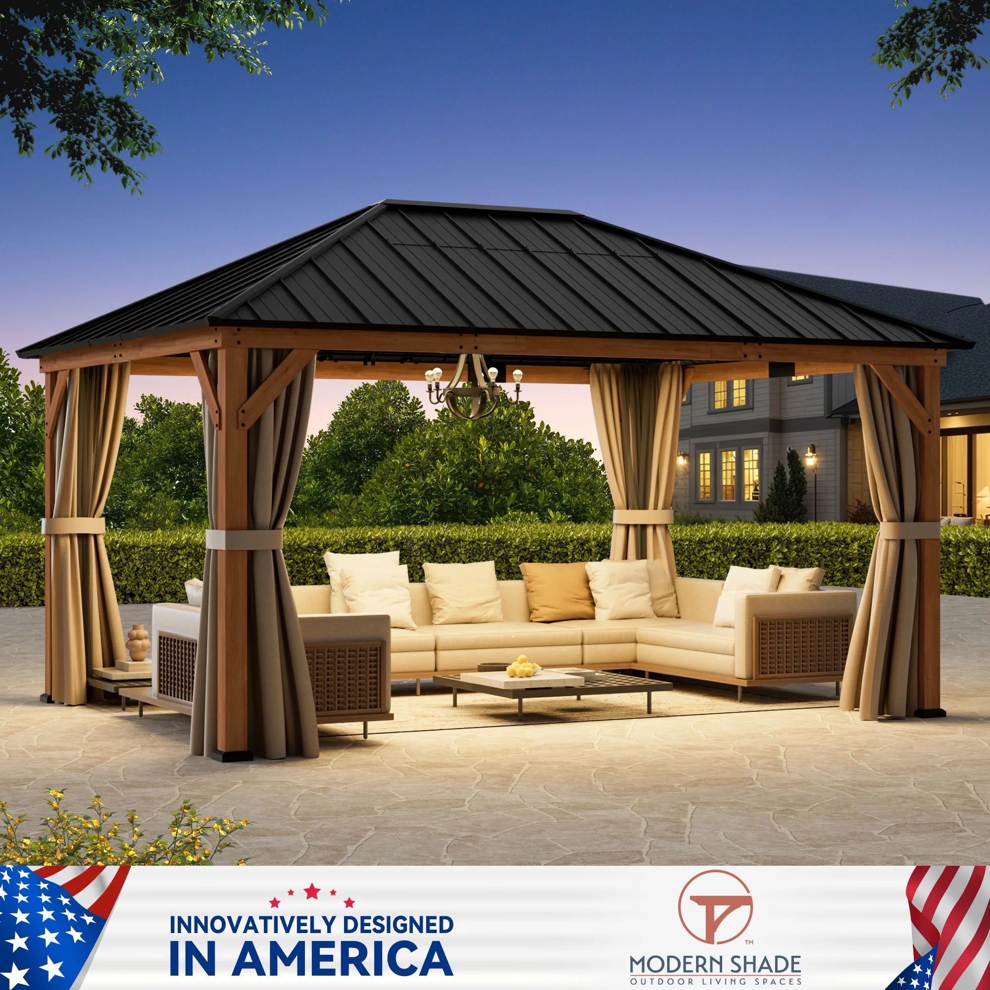 Modern Shade 12x16Wood Gazebo,Permanent Hardtop Gazebo with Mosquito Net,with Galvanized Steel Roof Hardtop