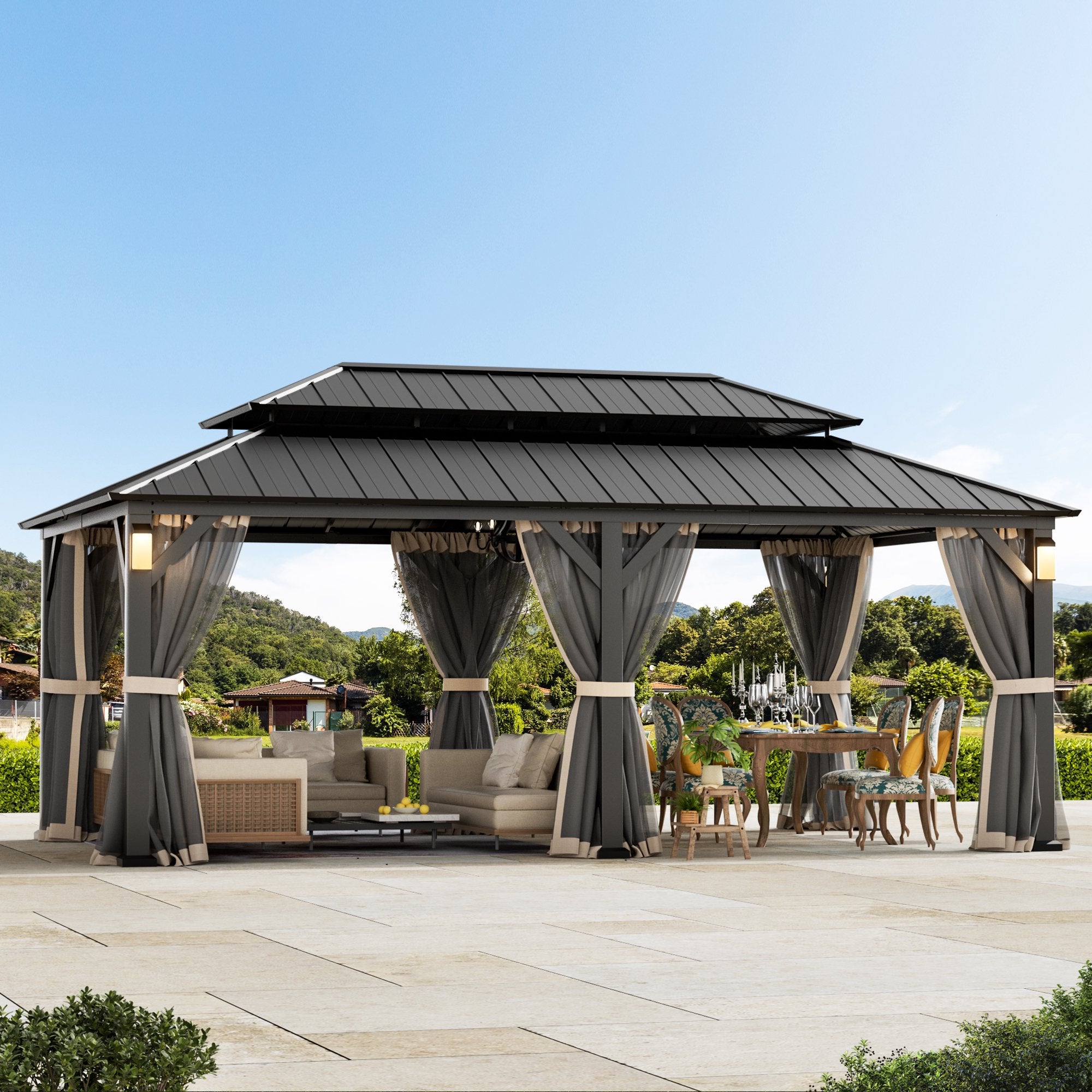 FONA 12'x20' Hardtop Gazebo with Steel Roof,Lights,Mosquito Netting & Hooks,Black