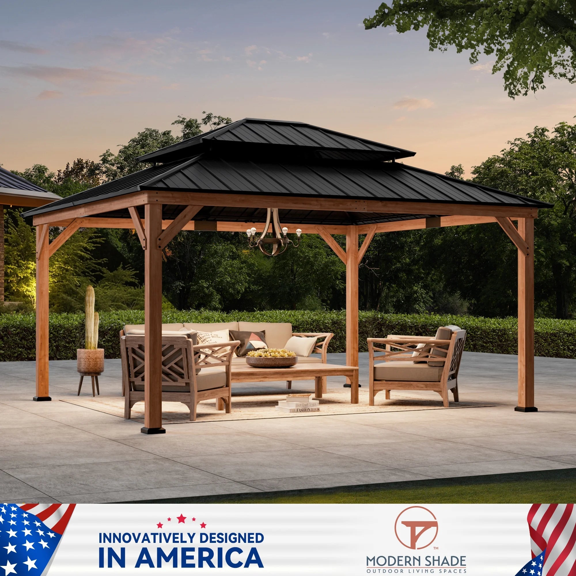 Modern Shade 13x15 Wood Gazebo,Cedar Framed Wooden Hard-Top Gazebo,Double Galvanized Steel Roof