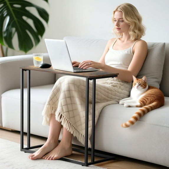 Krpimt C-Shaped End Table for Sofa & Bed Small Side Table with Metal Frame for Bedroom, Living Room, Walnut