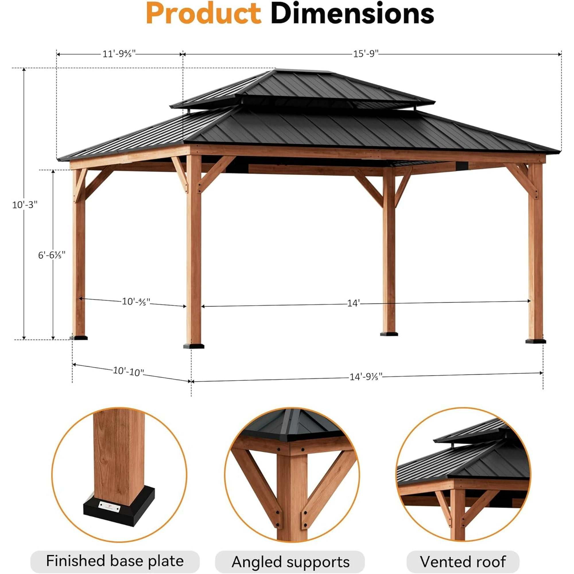 Modern Shade 12' x 16' Rosewood Wood Gazebo, Cedar Framed Wooden Gazebo with Double Galvanized Steel Roof,Permanent Hardtop Wood Grill Gazebo with Sturdy Hooks for Garden, Backyard,Patio,and Deck