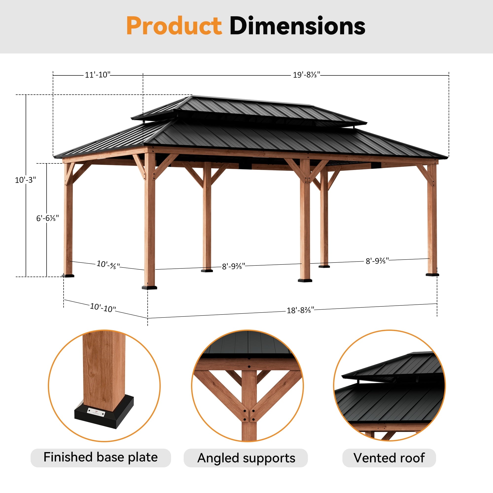 Modern Shade 12x20 Wood Gazebo,Cedar Framed Wooden Hard-Top Gazebo,Double Galvanized Steel Roof,with Mosquito Net
