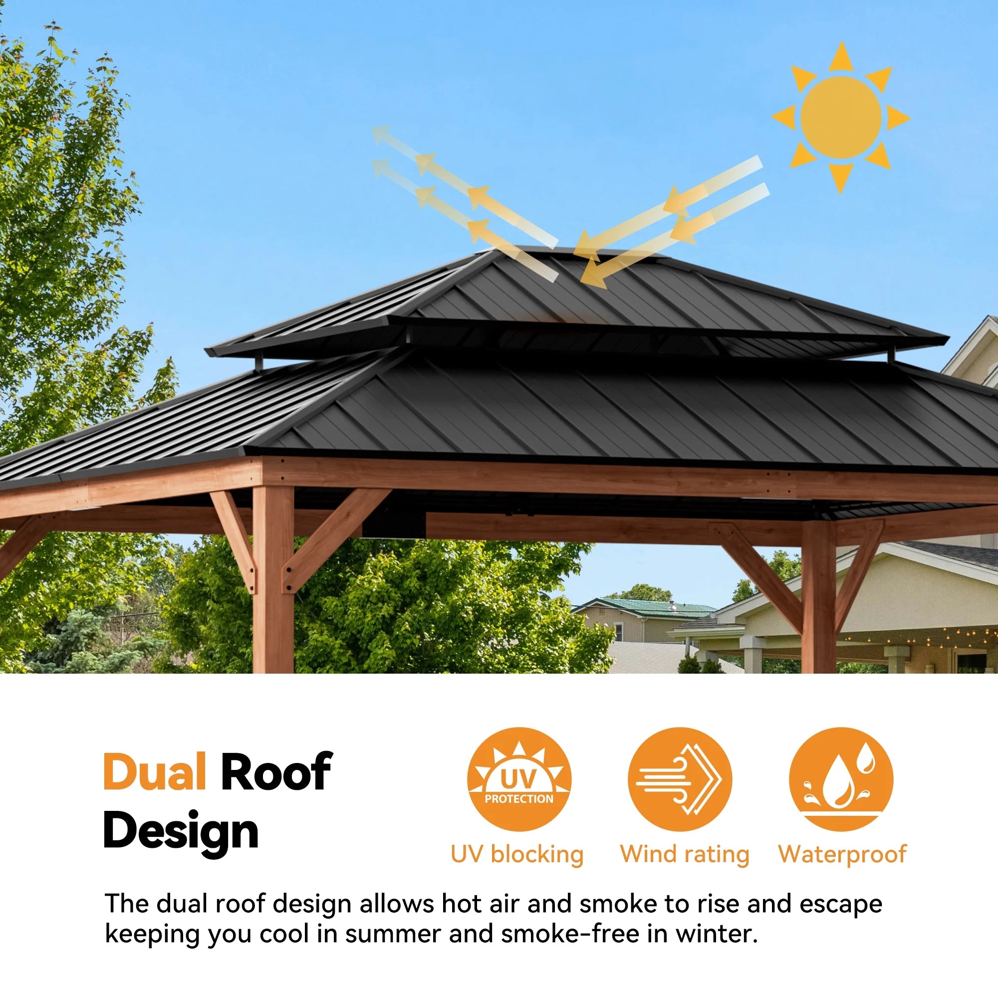 Modern Shade 13x15 Wood Gazebo,Cedar Framed Wooden Hard-Top Gazebo,Double Galvanized Steel Roof,with Mosquito Net