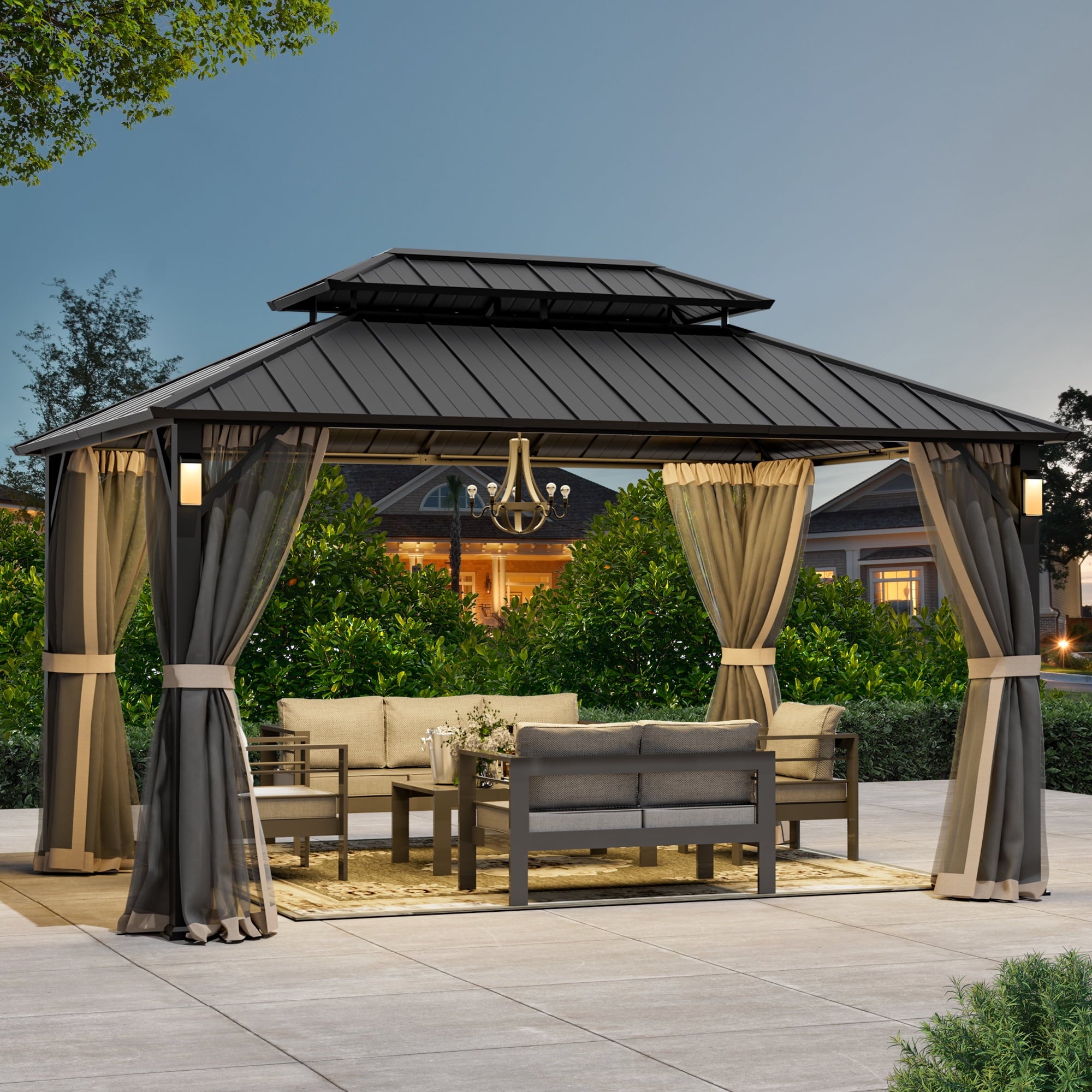 FONA 10'x14' Wood-Look Hardtop Gazebo with LED Lights,Double Roof,Netting & Hooks,Black