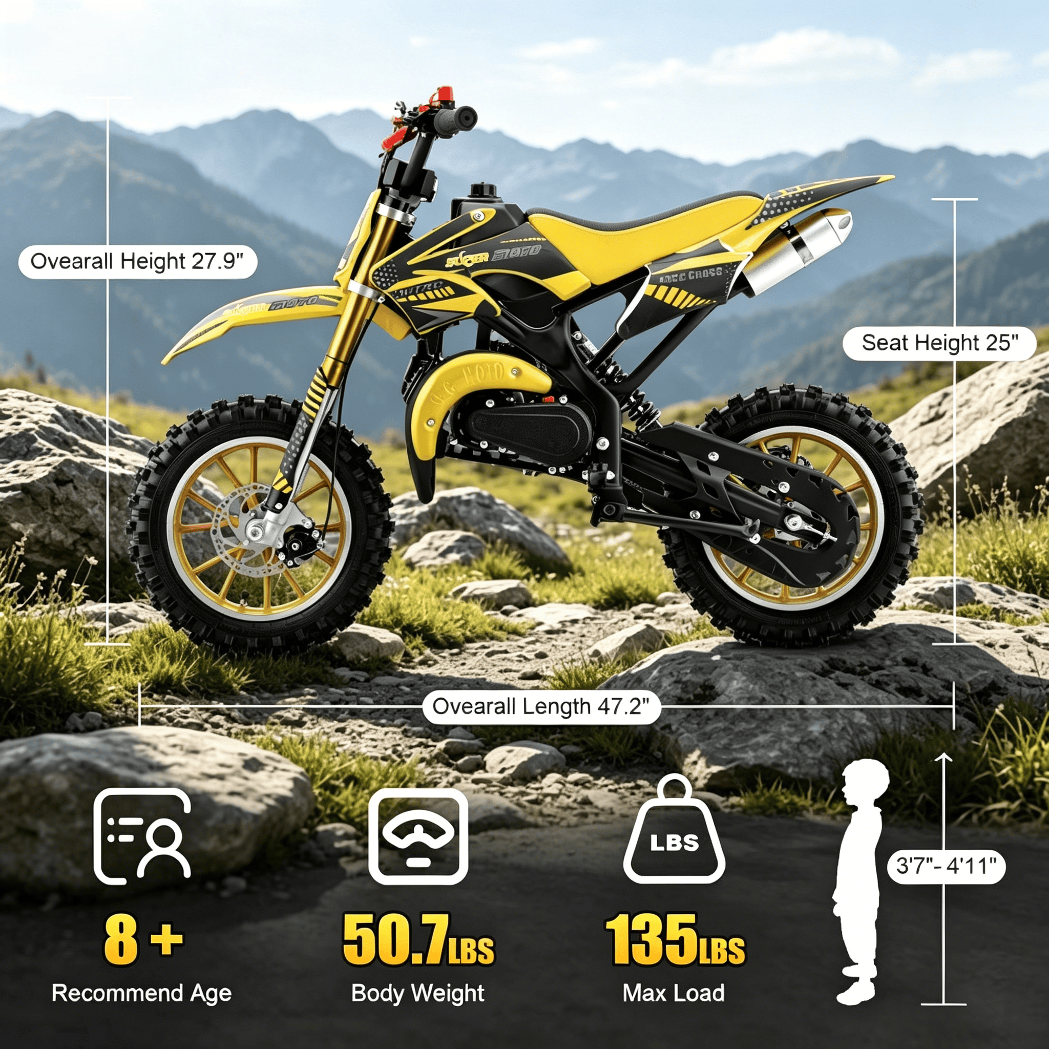 Ktoebyco 49cc Kids Dirt Bike, Gasoline Powered 2-Stroke Mini Motorcycle, 1-Seater, 1.5L Fuel Capacity, Yellow
