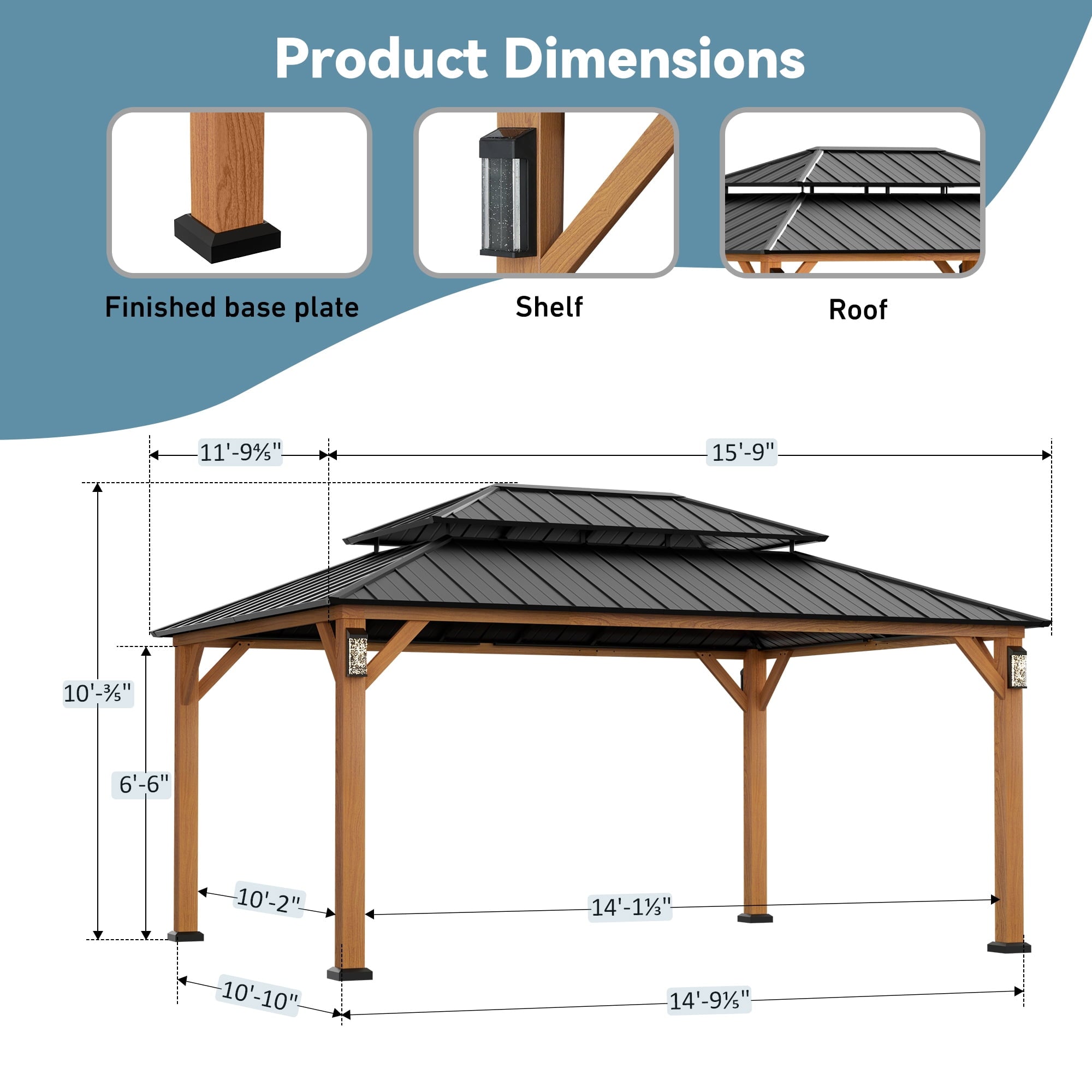 FONA 12'x16' Permanent Hardtop Gazebo with LED Lights,Double Roof,Mosquito Netting & Hooks