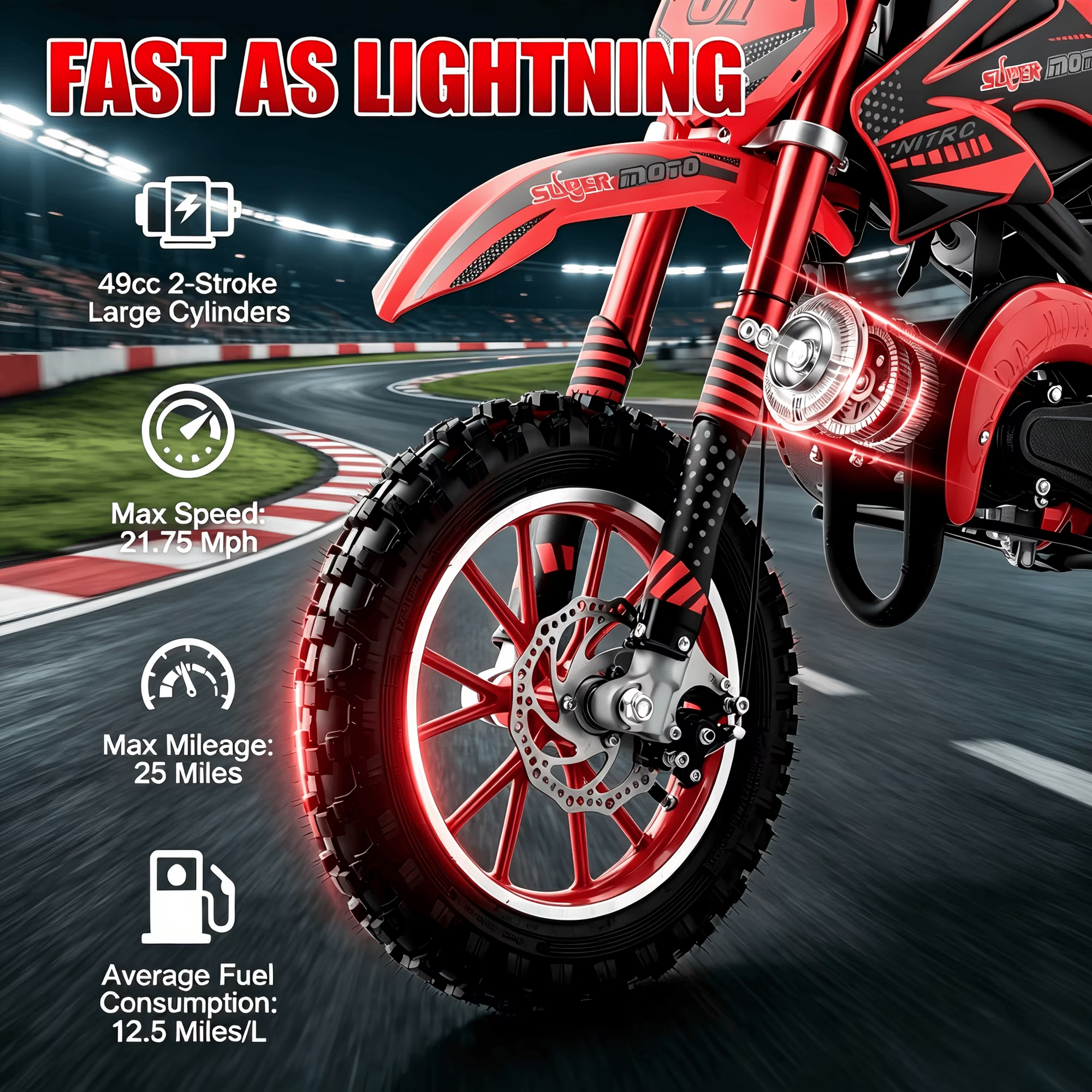 Ktoebyco 49cc Kids Dirt Bike, Gasoline Powered 2-Stroke Mini Motorcycle, 1-Seater, 1.5L Fuel Capacity, Red
