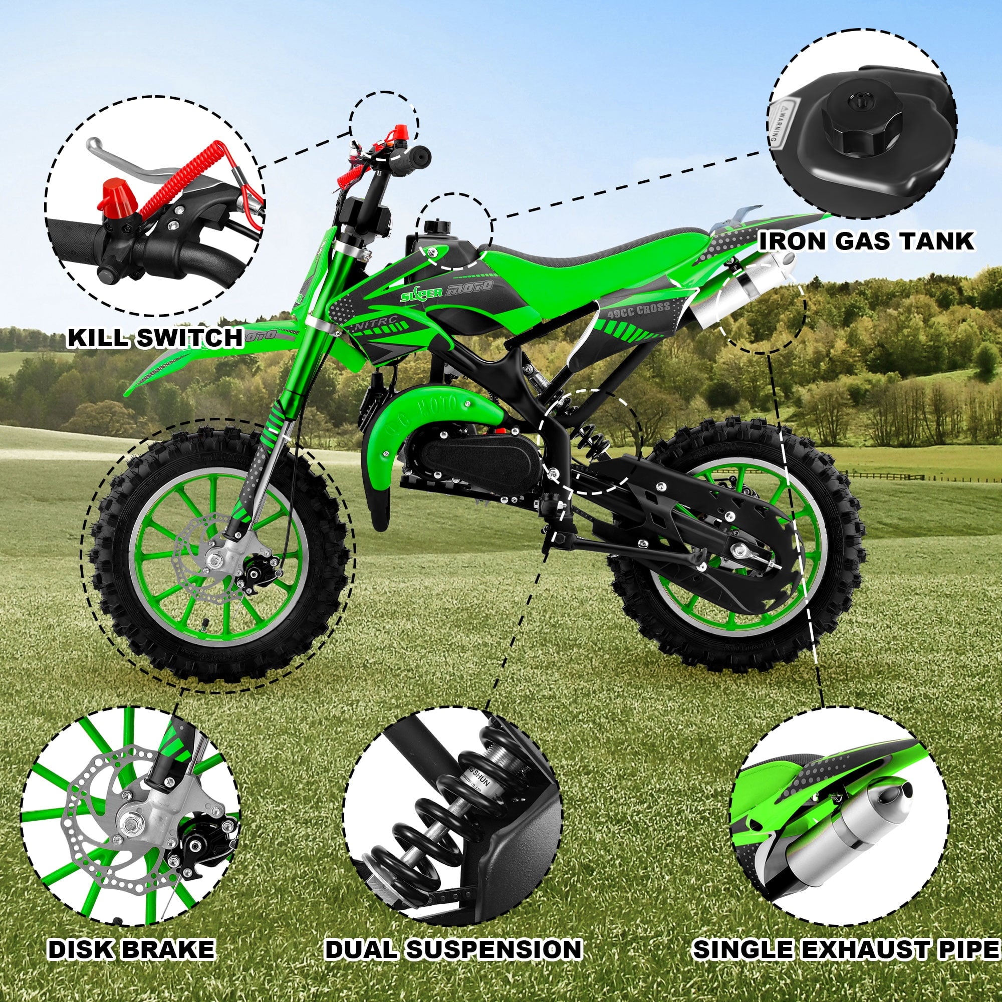 Gpower Gasoline 49cc Dirt Bike for Kids 6-15,2-Stroke Gas Power Mini Dirt Bike,Green