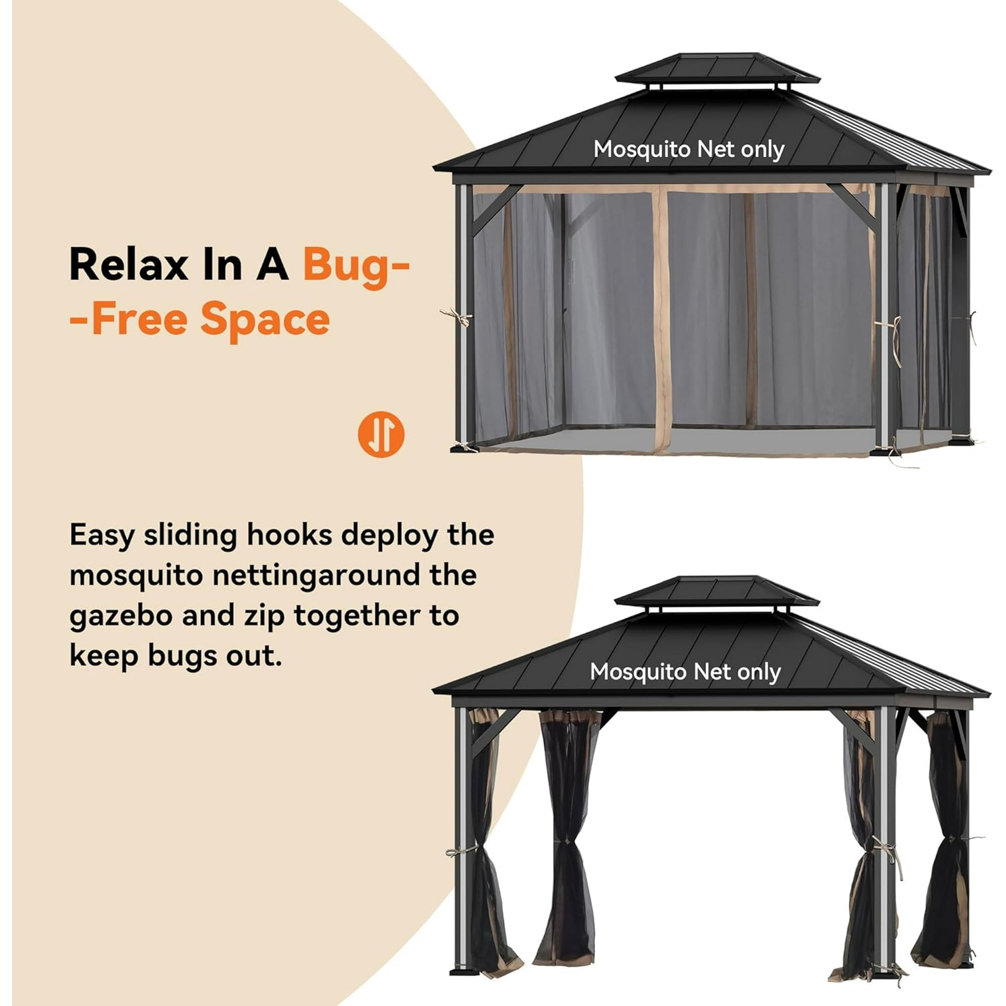 MODERN SHADE universal 4-Panel Mosquito Netting for 10x12 Gazebo,Patio Canopy Replacement with Zipper