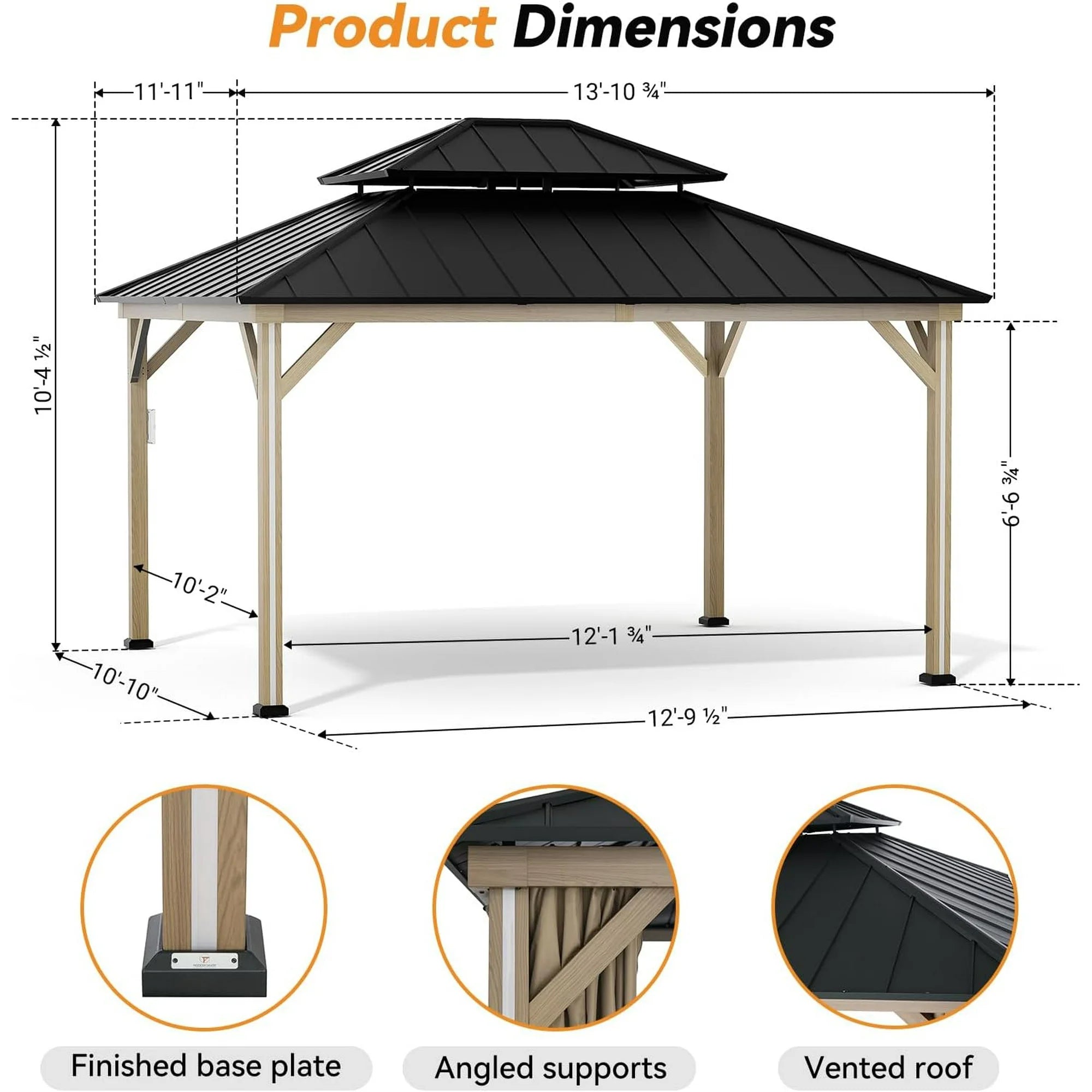 Modern Shade Hardtop Gazebo 12' x 14', Patio Gazebo with 4 LED Lights, Outdoor Gazebo with Double Roof, Patio Gazebo with USB & USB-C Charging Port Deck, Mosquito Netting and Curtains, Wood-Looking