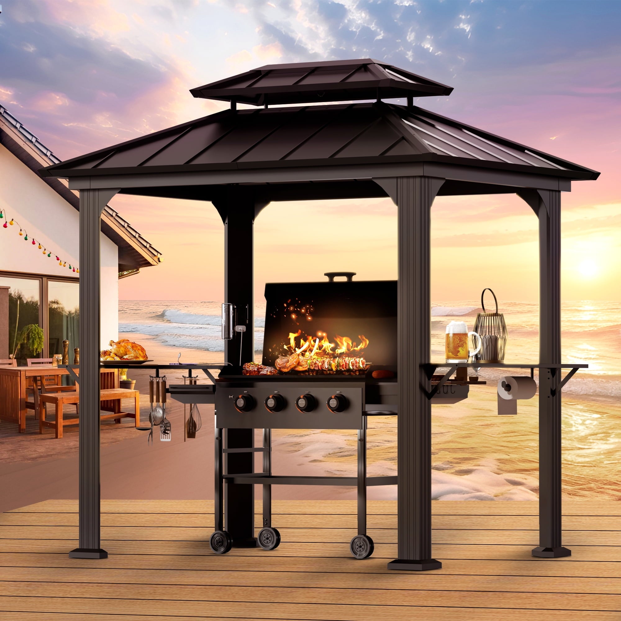 Modern Shade 6’ x 8’ Aluminum Grill Gazebo with Modern Shade Design, Equipped with Shelves, Ceiling Hook, and Galvanized Steel Roof for Enhanced Patio, Lawn, or Backyard Deck BBQ Experience