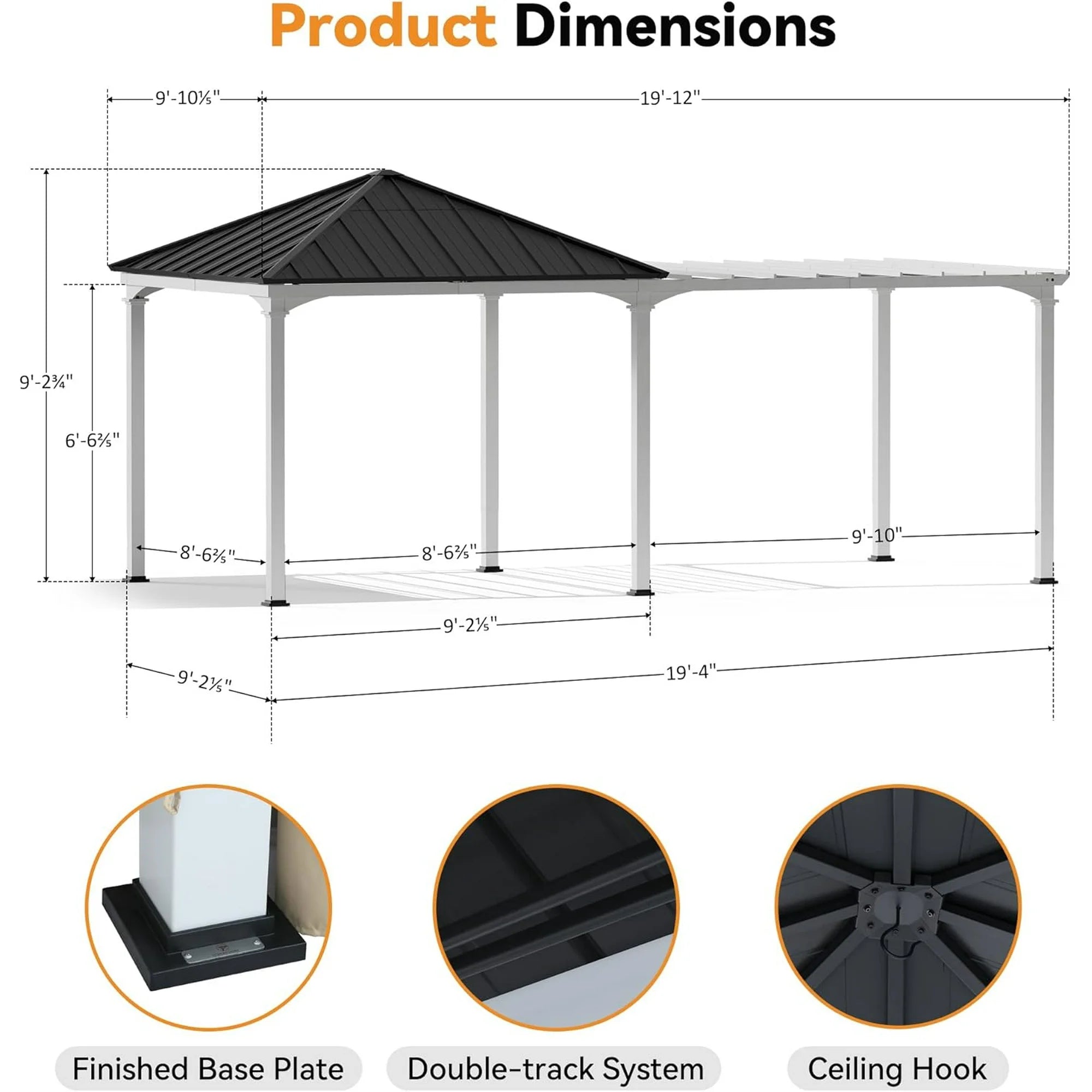 ModernShade 10'x20' Pergola Hybrid Gazebo with Adjustable Shade Fabric,Hardtop Roof,Privacy Curtains,Black and White
