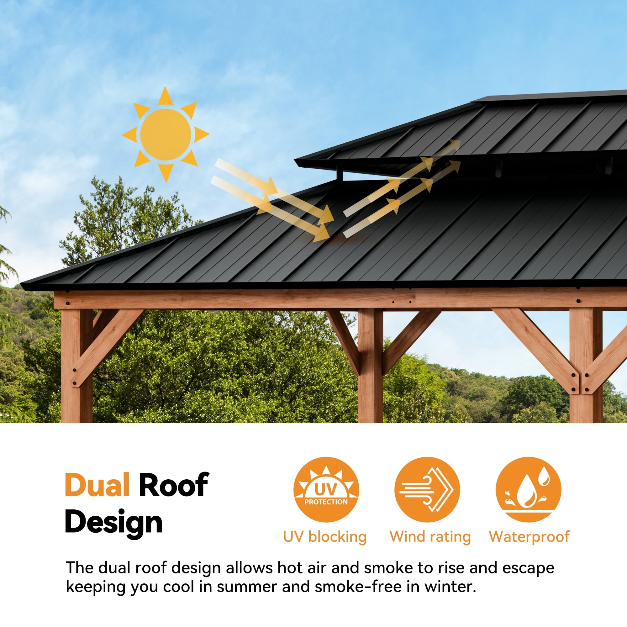 Modern Shade 12x20 Wood Gazebo,Cedar Framed Wooden Hard-Top Gazebo,Double Galvanized Steel Roof,with Mosquito Net