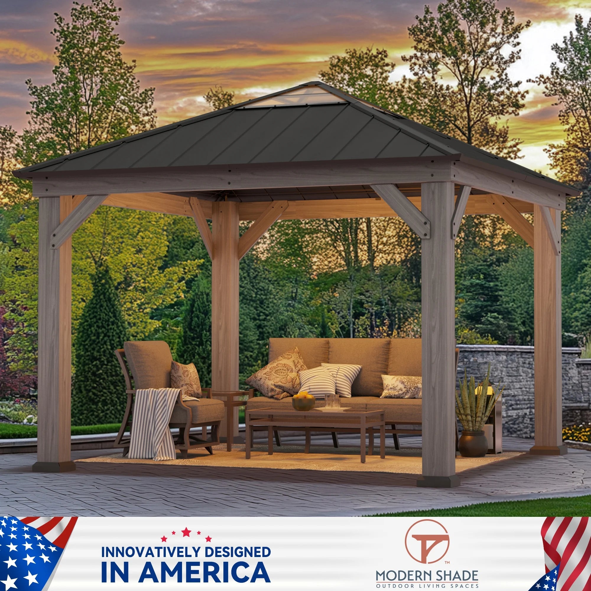 Modern Shade Wood Gazebo 11' x 11', Hardtop Gazebo with Galvanized Steel and Polycarbonate Hip Roof Hardtop, Cedar Framed Wooden Gazebo for Garden, Backyard, Patio and Deck