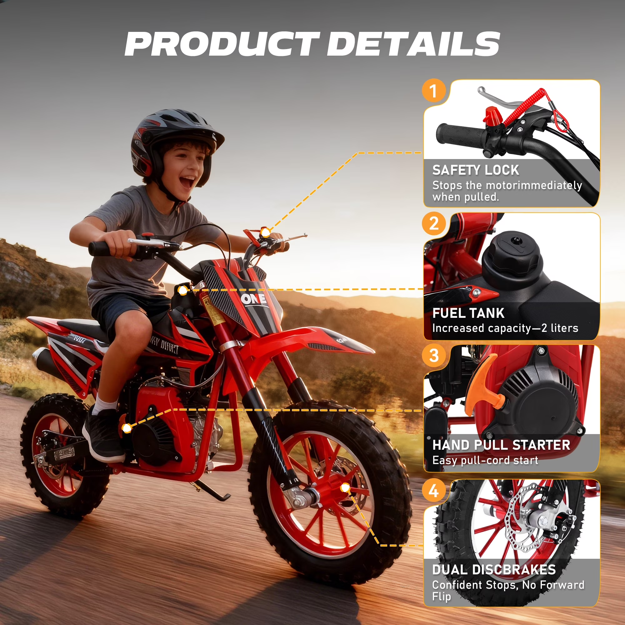 4-Stroke Dirt Bike,50cc Mini Motorcycle Max Speed 25 MPH, 165 lb Capacity with Shock Absorber & Dual Disc Brakes for Kids 13-17